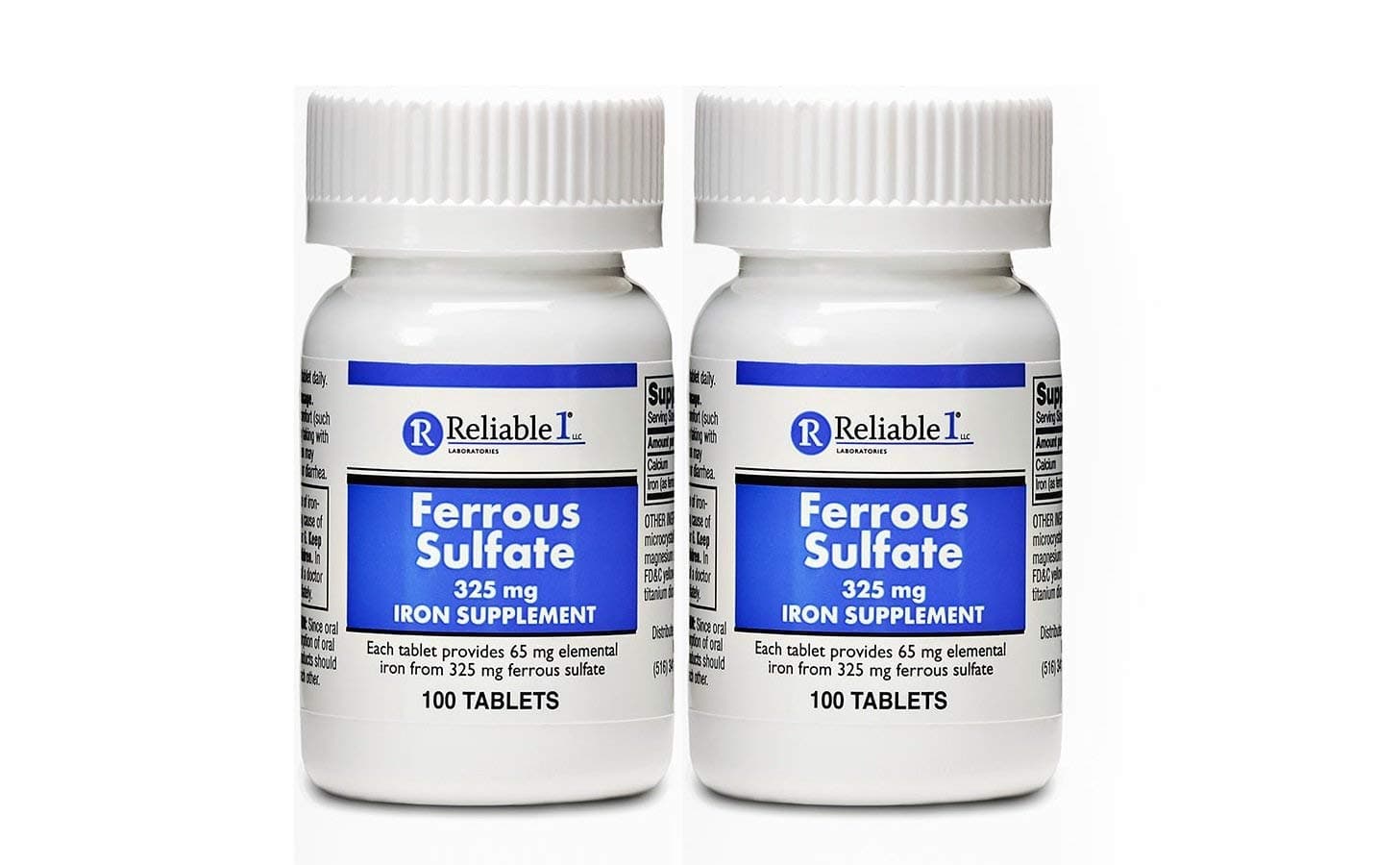 Reliable-1 Laboratories 1 Ferrous Sulfate Iron supplement (325 mg, 100 Tablets/Each)(2 pack) Generic for Feosol - IRON SUPPLEMENT