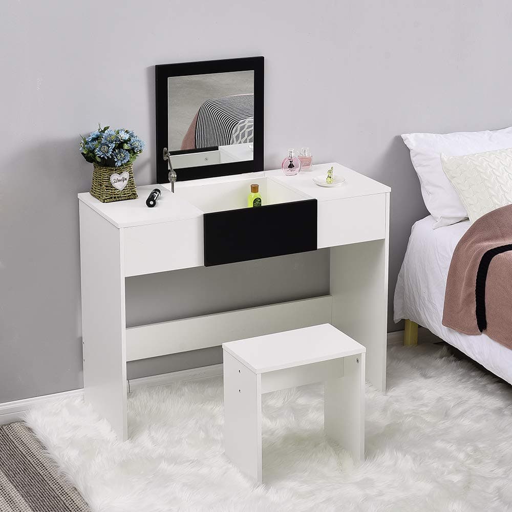 Modern Dressing Table Set with Flip-up Mirror Wood Makeup Table Vanity Console Dresser with Stool Bedroom Furniture Girls Gift (Black and White)