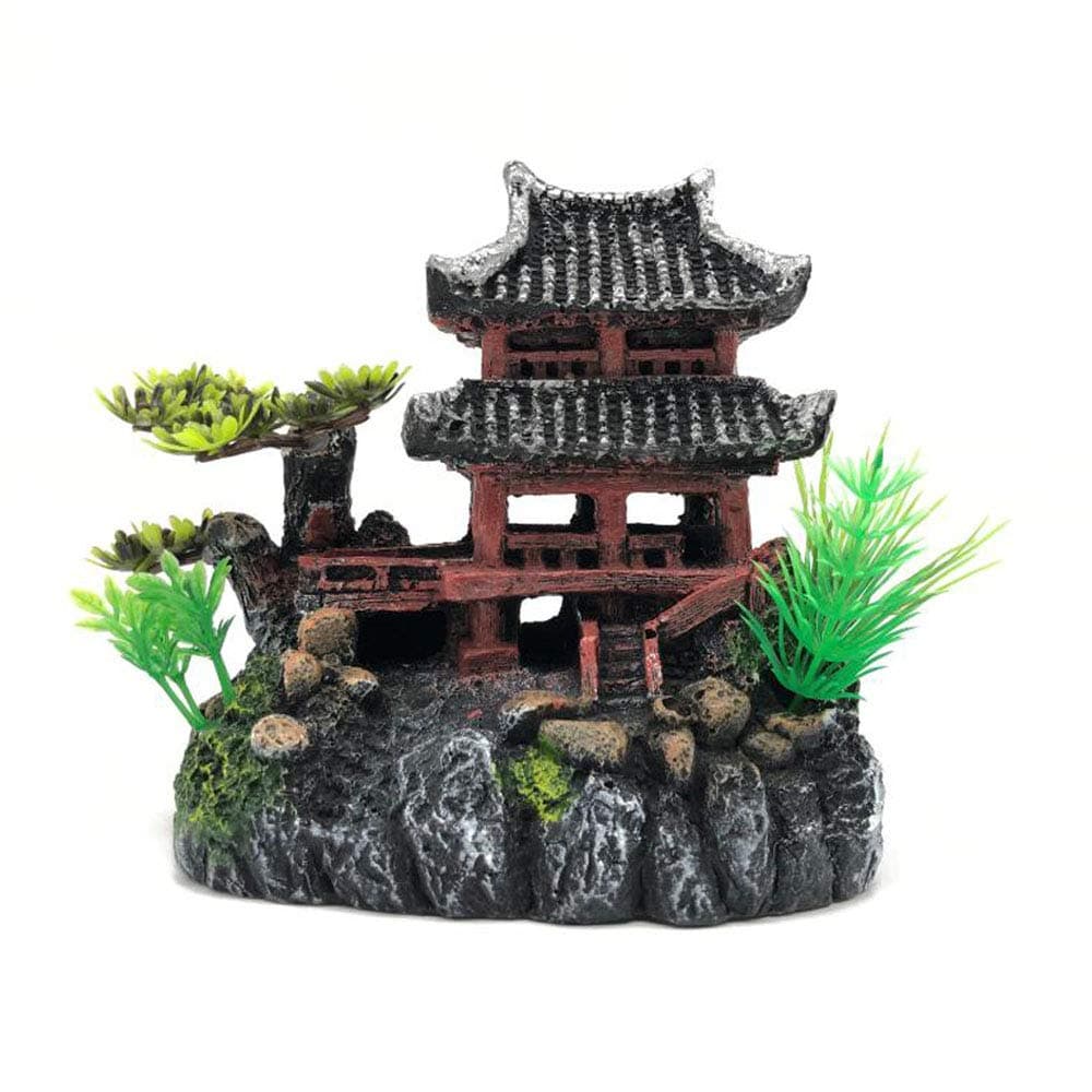 HanryDong Chinese Ancient Water Towns Aquarium Décor Ornaments, Resin Fish Tank Decorations Hideout Castle 8", Hand Painted with Realistic Details Tree