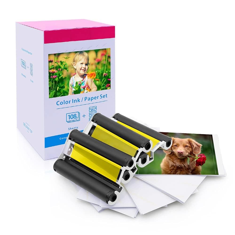 Compatible Canon Selphy CP1500 Ink and Paper KP-108IN KP108 3 Color Ink Cartridges and 108 Sheets 4x6 Photo Paper Glossy Canon Selphy CP1500, CP1300, CP1200, CP1000 Compact Photo Printers