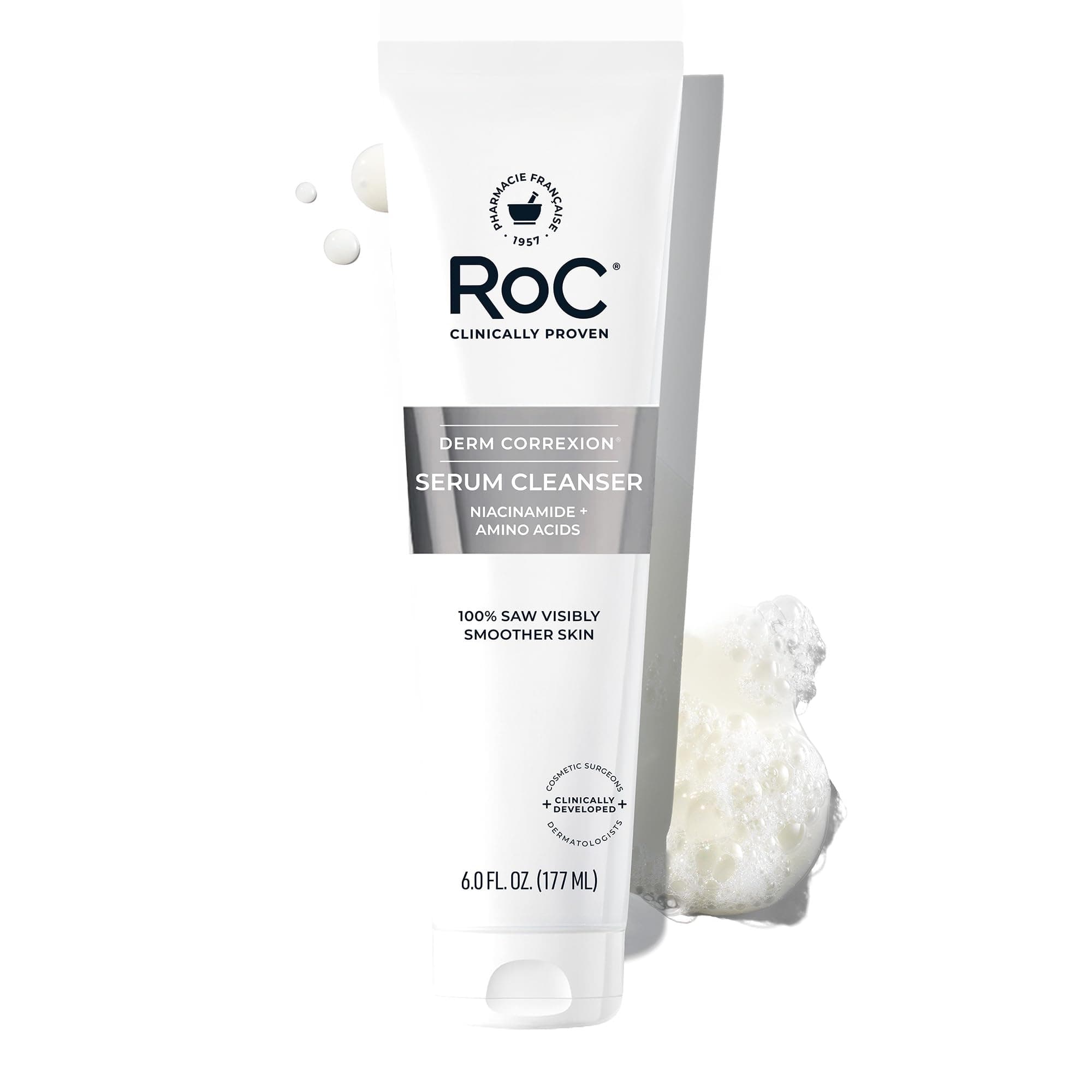 RoC Retinol Correxion Deep Wrinkle Serum Facial Cleanser with Niacinamide for Anti-Aging and Fine Lines, Long-Wear Makeup Remover, Fragrance Free Skin Care, 6.0 fl oz