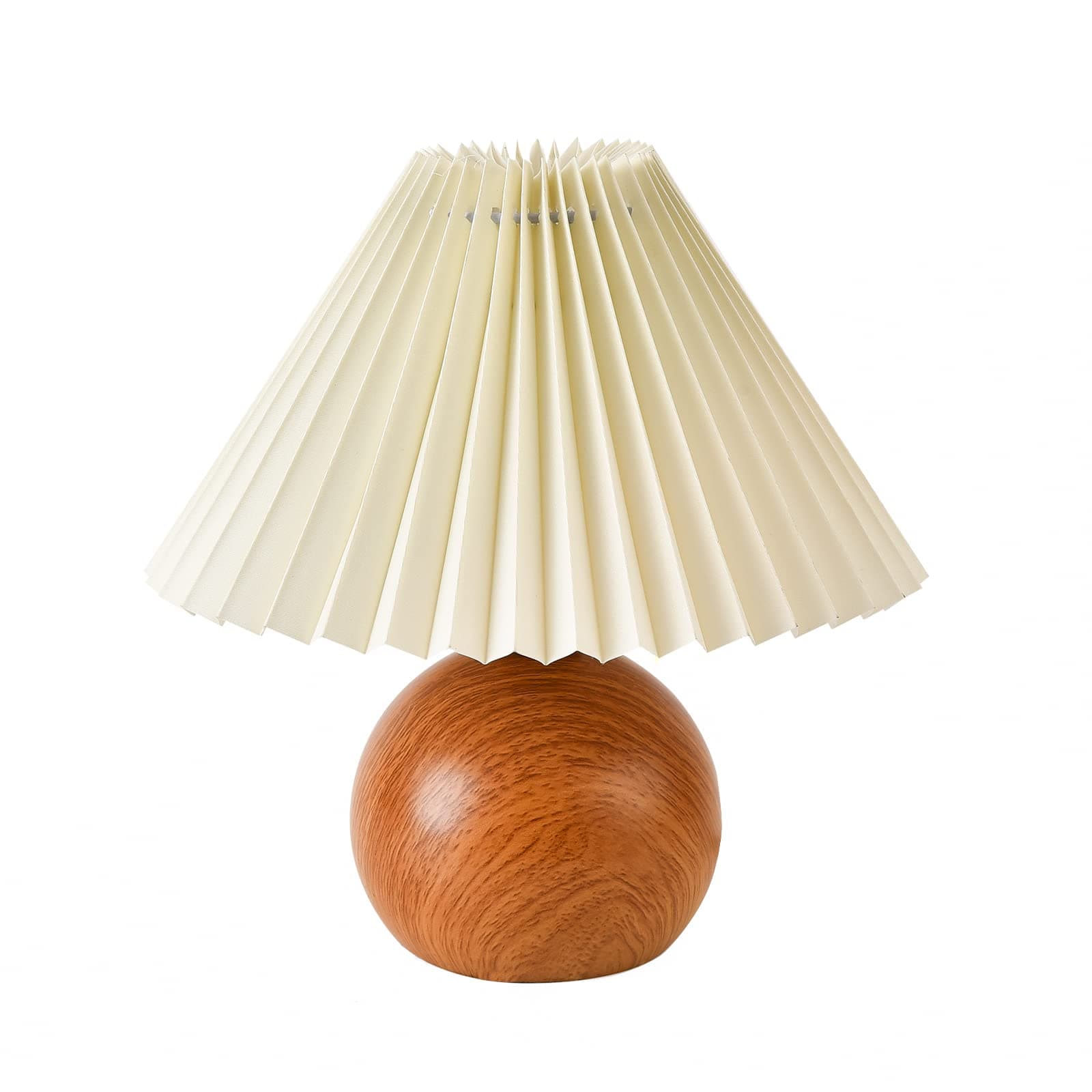 KUNJOULAM Cute Small Pleated Lamp, Modern Bedside Nightstand Light with Beige Lampshade, Wooden Pattern Metal Base Desk Lamp for Bedroom, Home Office, Living Room