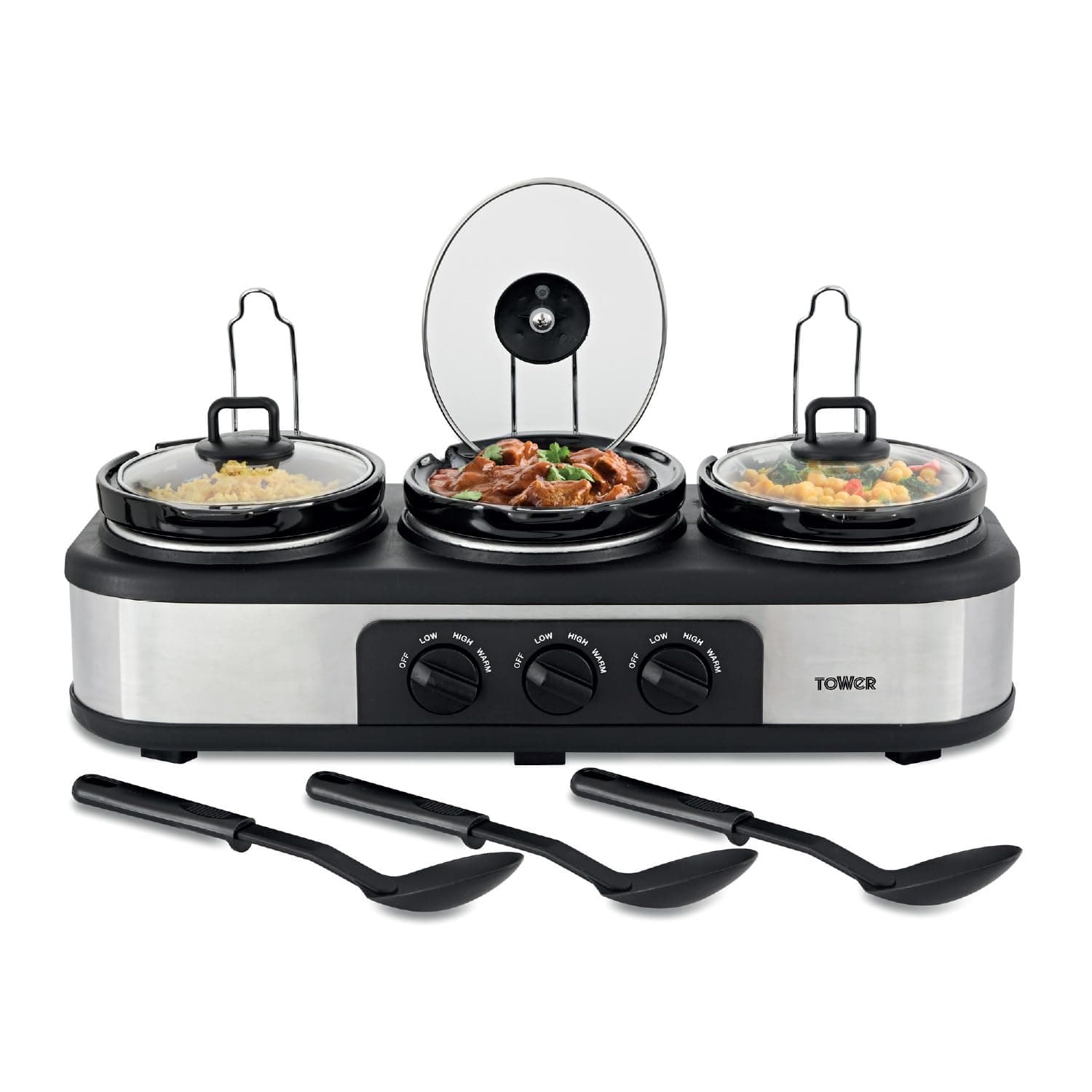 Tower Three Pot Slow Cooker, Food Warmer and Buffet Server, 300 W, 3 x 1.5 Litre Cooking Pots, Black