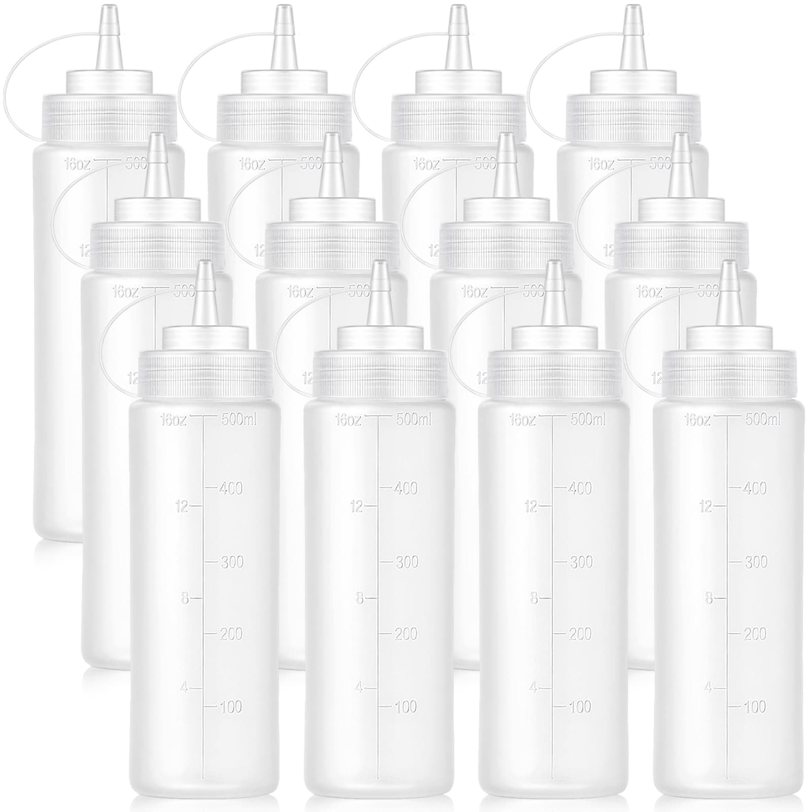 Bekith 12 pack 16 Oz Wide Mouth Plastic Squeeze Condiment Bottles with Twist On Cap Lids and Discrete Measurements, Empty Squirt Bottle For Sauce, Ketchup, Paint