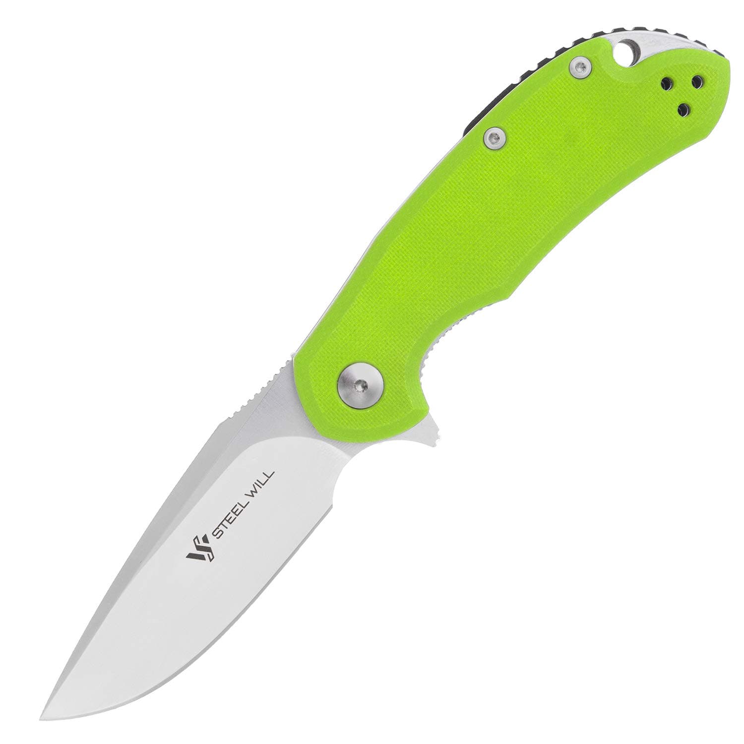 Steel Will SWC22M-2GR Cutjack C22M-2GR: 3" M390 Drop Point Satin Folding Blade, Liner Lock, Neon Green G10 Handle, Black G10 Spacer, Ball Bearings