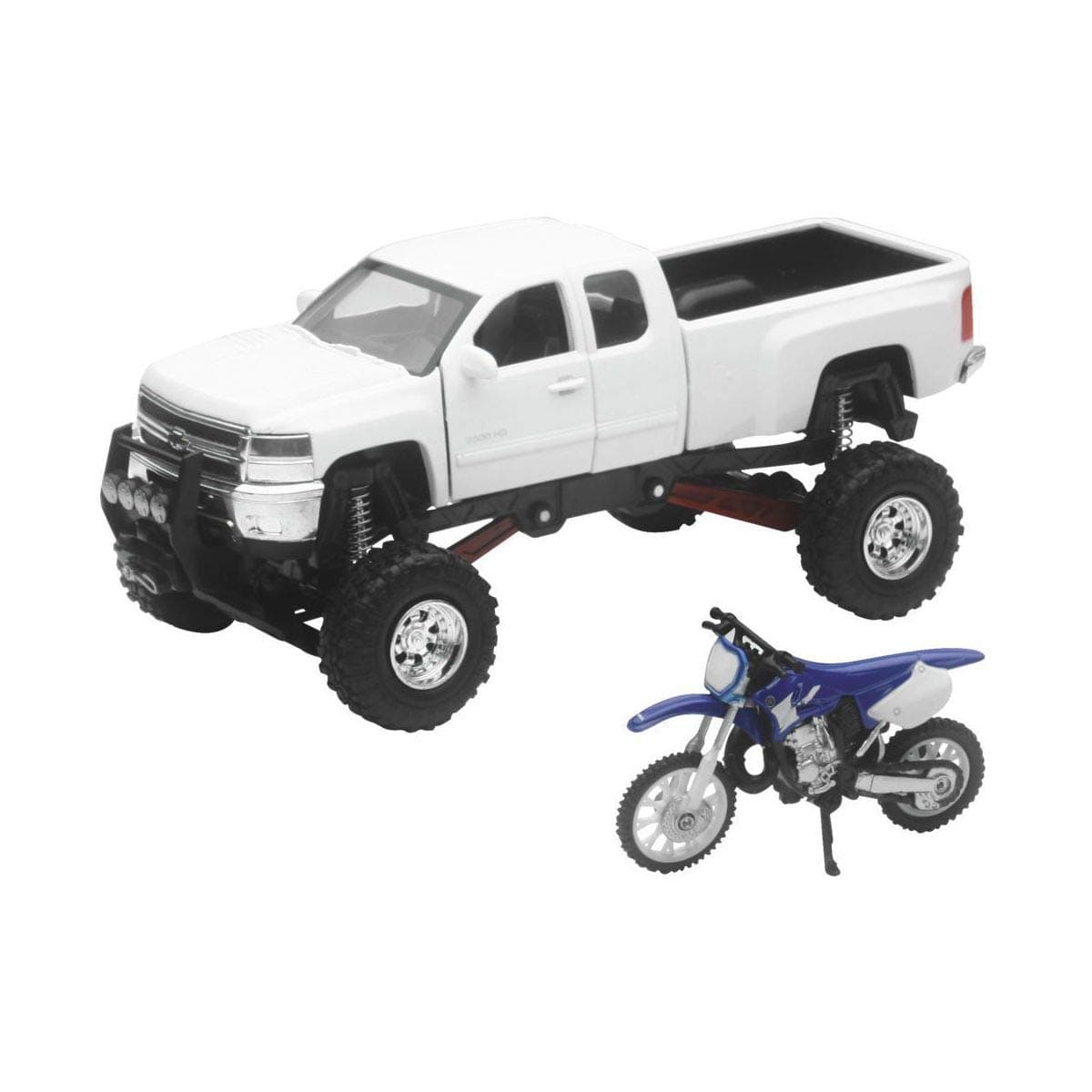 New Ray Toys 1:32 Scale Truck and Dirt Bike Set Die-Cast Replica White Chevy with YZ125 SS-54416