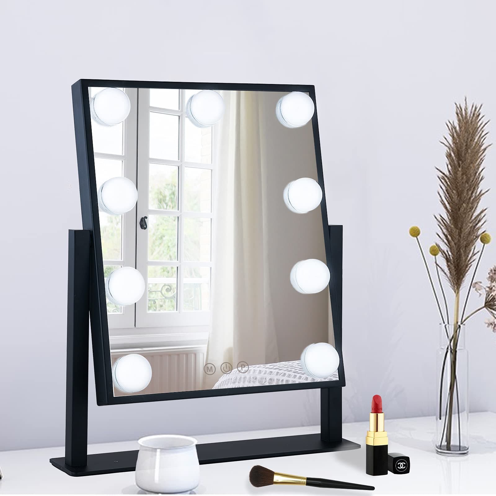 Lighted Makeup Mirror Hollywood Mirror Vanity Mirror with Lights, Touch Control Design 3 Colors Dimable LED Bulbs, Detachable 10X Magnification, 360°Rotation, Black.