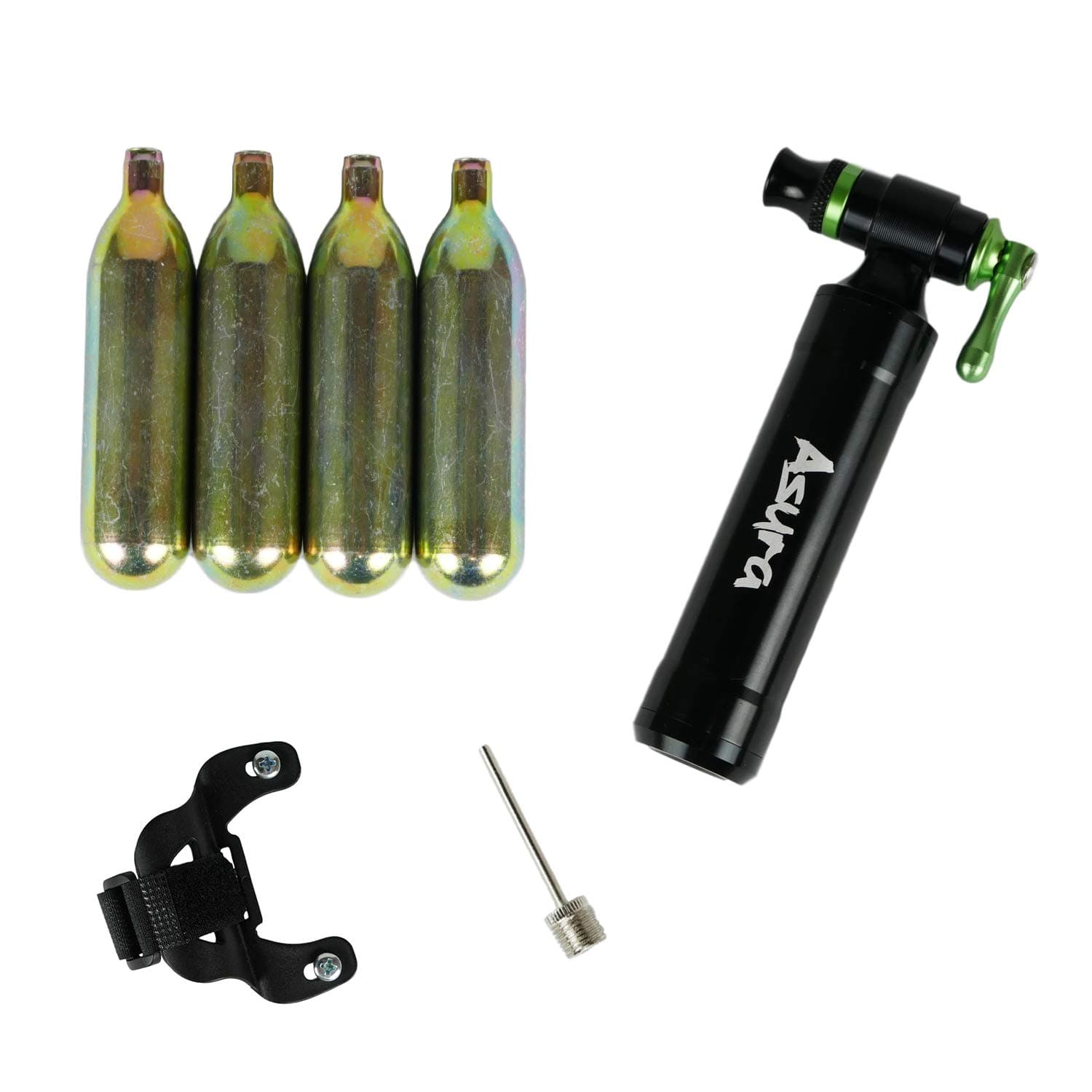 Asura 2sec Black Enclosed CO2 Tire Inflator with 4 16g 16 Gram Unthreaded CO2 cartridges Starter Pack, Including Bike Frame Mount and Inflation Needle