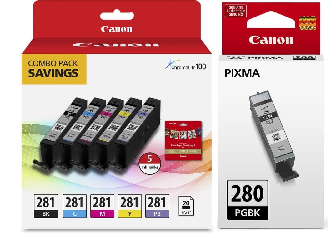 Genuine Canon CLI-281 5-Color Ink Tank Combo Pack with 5 x 5 Photo Paper (2091C006) + Canon PGI-280 Pigment Black Ink Tank (2075C001)