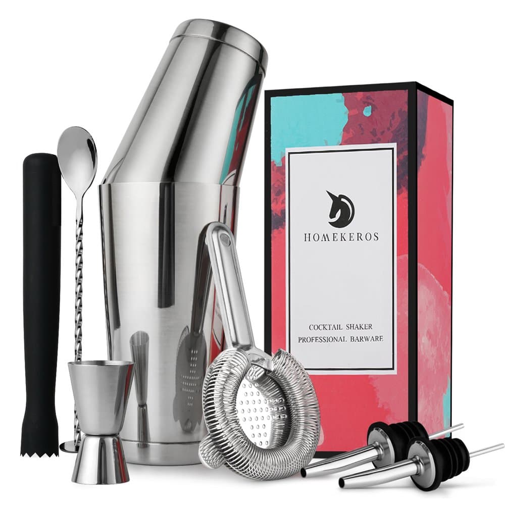 Boston Shaker Set: Professional two-piece Cocktail Shaker Set with Hawthorne Strainer, Double Jigger, Drink Muddler, Bar Spoon and 2 Liquor Pourers