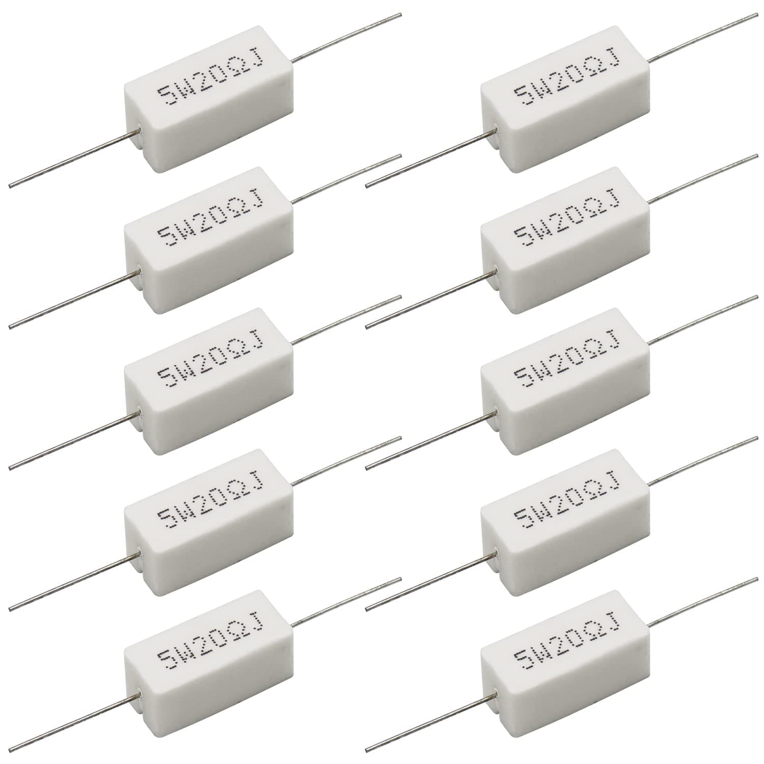 Cement Resistor,10 PCS 5W 20 Ohm 5% Axial Lead Wire Resistor White Wound Fixed Ceramic Cement Resistors Wirewound Cement Power Resistors Flame Heat Moisture Resistance Precharge Horizontal Resistors