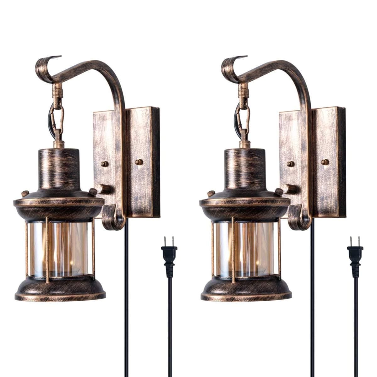 Rustic Wall Light, 2-in-1 Oil Rubbed Bronze Vintage Wall Light Fixtures Plug in Industrial Glass Shade Lantern Lighting Retro Lamp Metal Wall Sconce for Home Bedroom Dining Room Cafe(2 Pack)