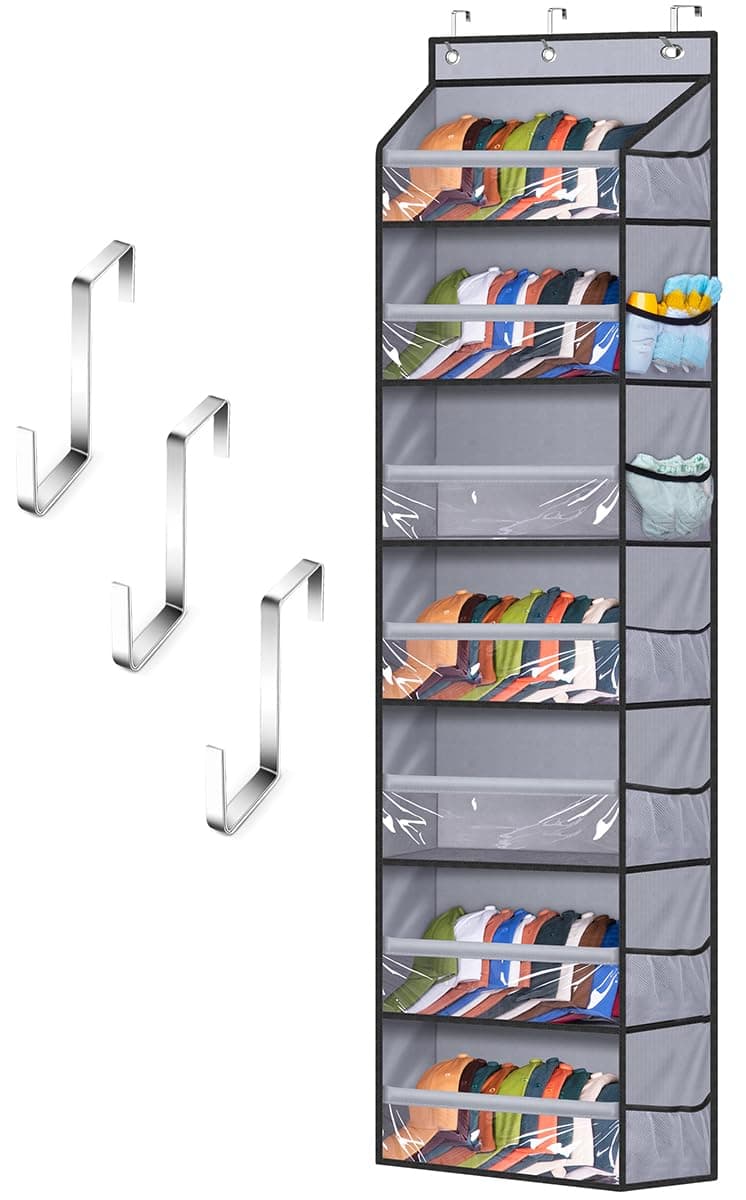 KIMBORA 7 Tier Hat Rack for Baseball Caps, Over Door Baseball Hat Organizer Hold 80 Hat Storage for Closet/Wall with 14 Side Mesh Pockets Cap Holder (Gray)