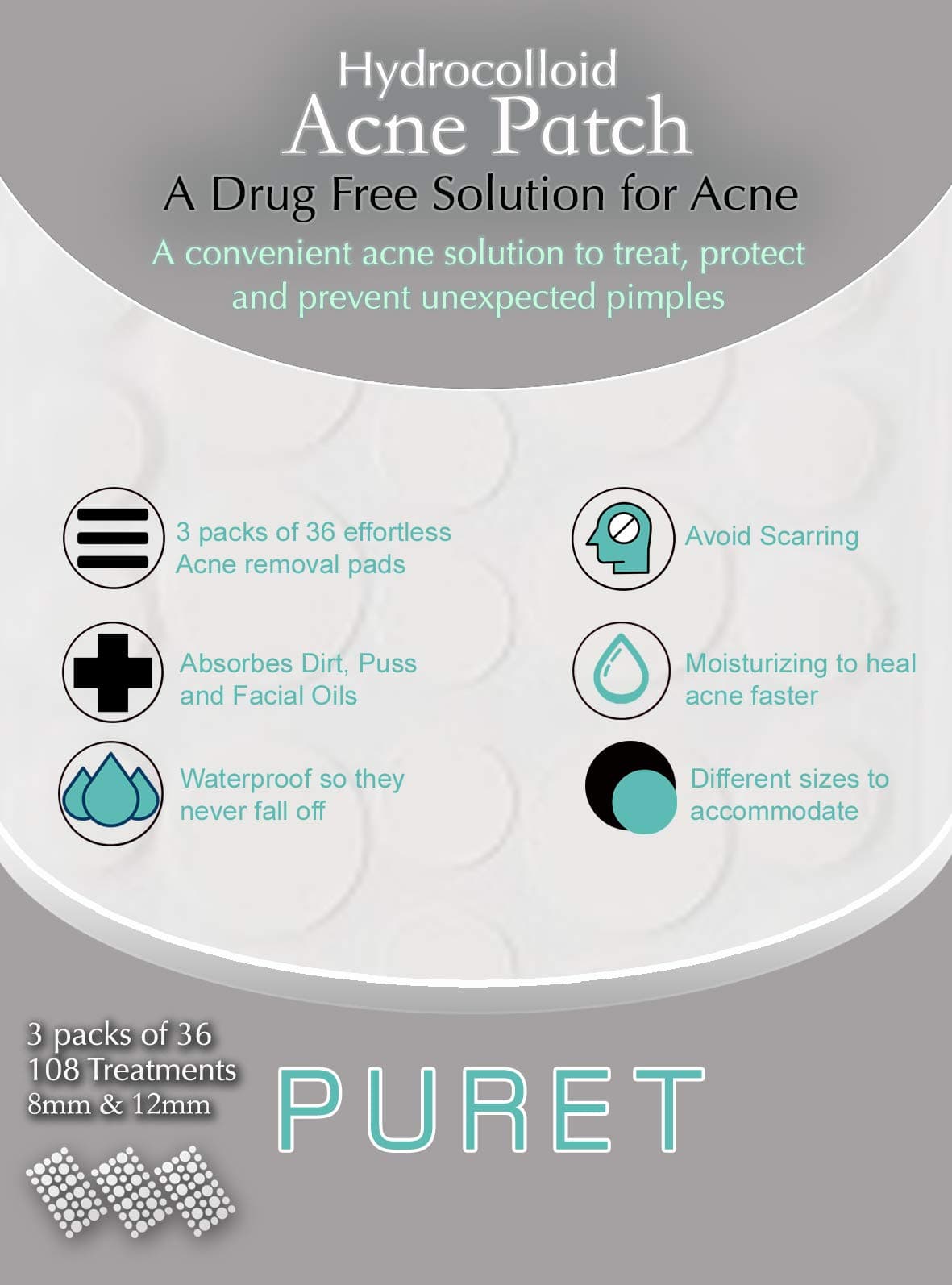 Hydrocolloid Acne Patch for everyday pimples, zits, acne, and blemishes. 2 sizes of dot Pimple patches for the face and skin to clear acne and blemishes fast. 108 Sticker patches per pouch. 108 acne