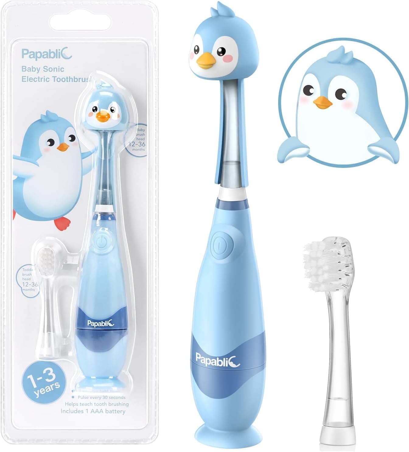 Papablic Toddler Sonic Electric Toothbrush for Ages 1-3 Years, Baby Electric Toothbrush with Cute Penguin Cover and Smart LED Timer, 2 Brush Heads (Pippin)
