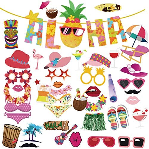 Luau Aloha Pineapple Banner with Hawaiian Photo Booth Props(46 Pcs),Luau Colorful Summer Tropical Flowers Pool Beach Party Decorations Supplies for Birthday Baby Shower Wedding