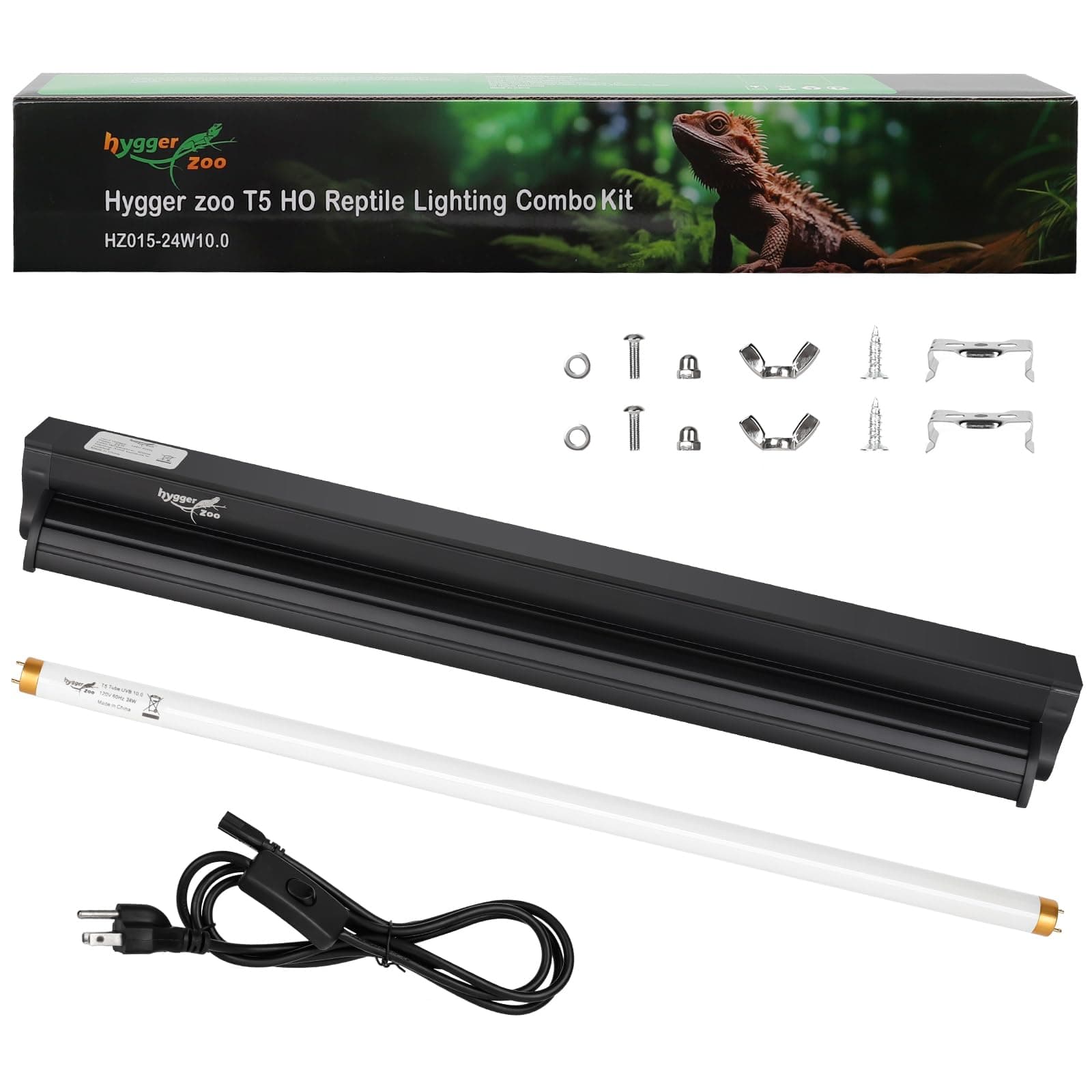 T5 UVB Reptile Light Fixture HO UVB Bulb Lighting Combo Kit, 10.0 UVB Light for Reptiles Terrarium Hood with 24W Reptile Light Bar UVA UVB Desert Lamp for Bearded Dragon Turtle Tank, 22Inch