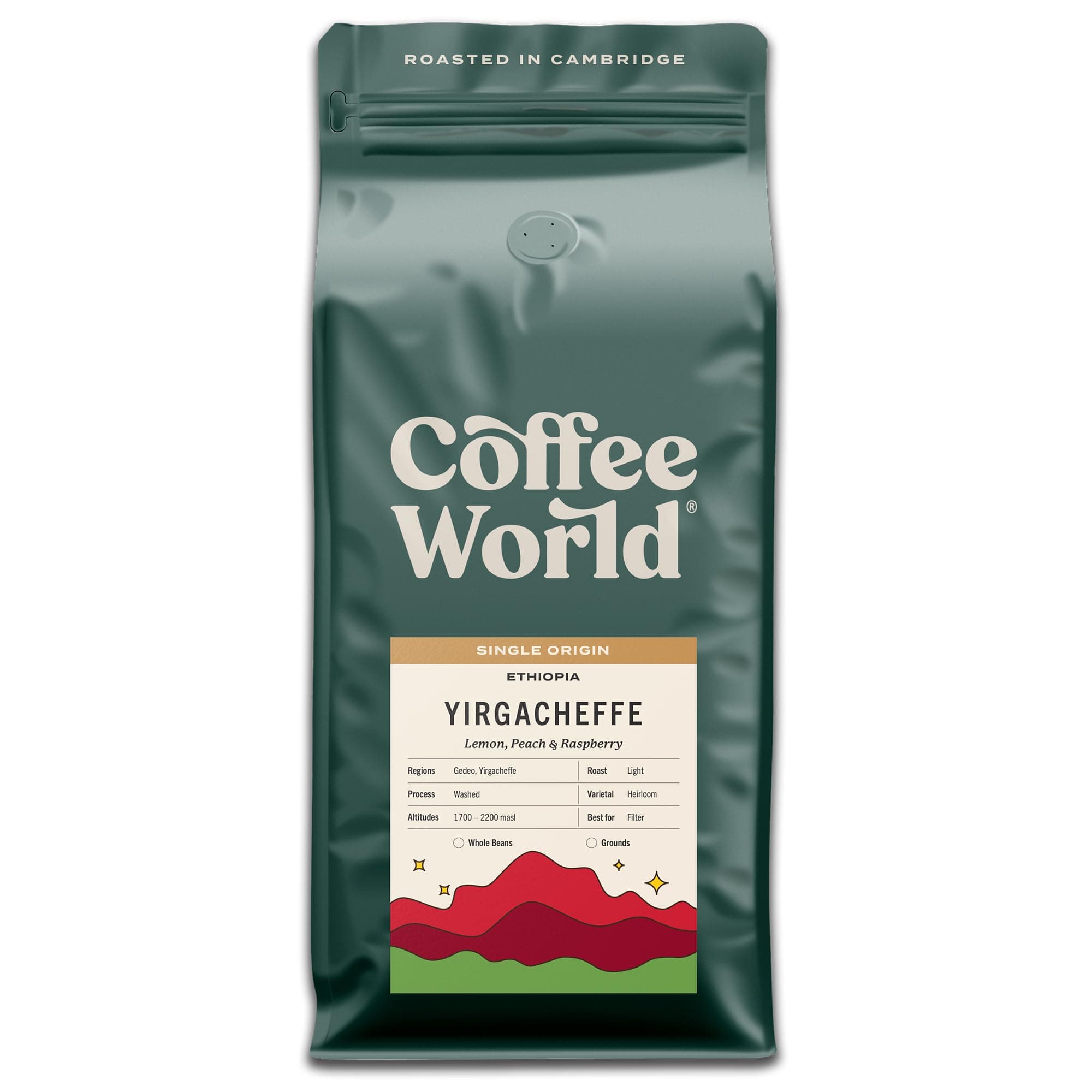 Coffee World, Ethiopia Yirgacheffe Single Origin, Roasted in Cambridge, Whole Coffee Beans, Retail Bag (1kg)