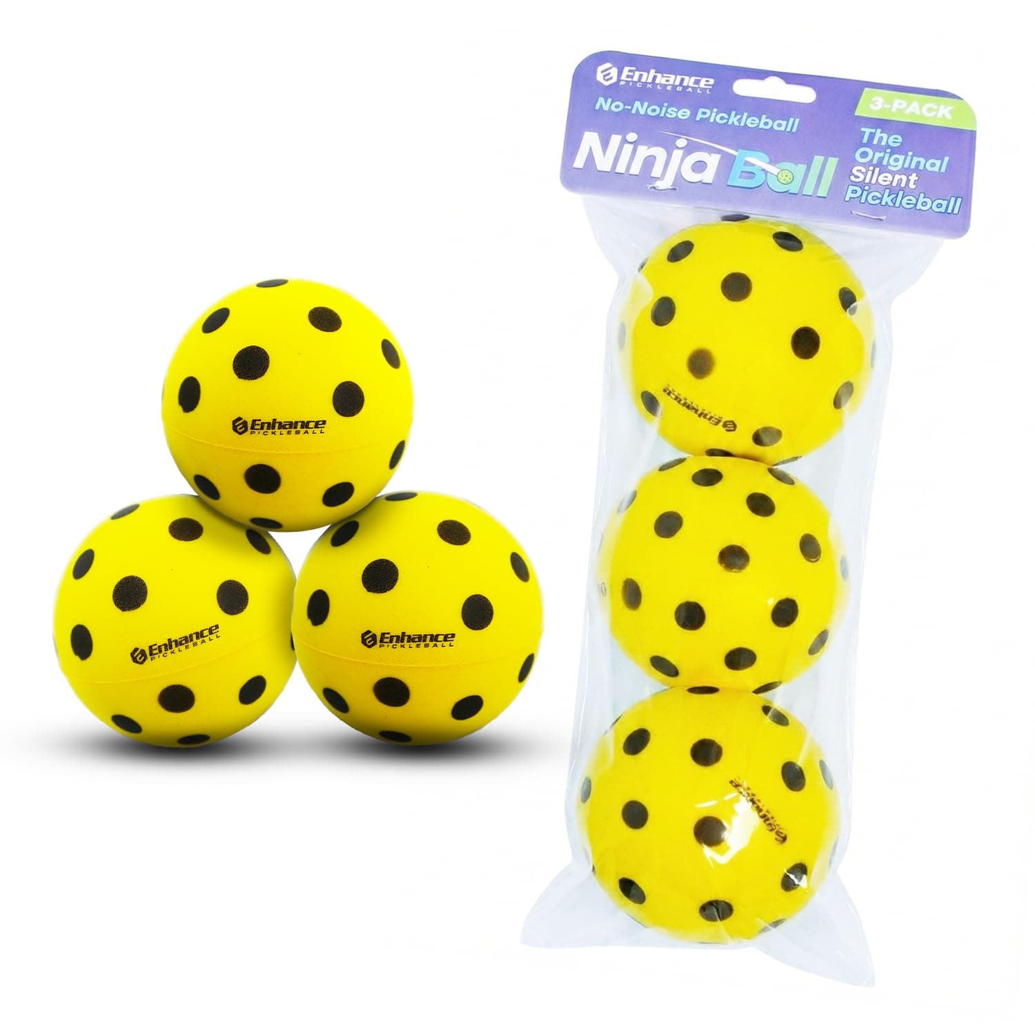 Ninja Ball - Original Silent Pickleball - Foam Balls for Quiet Practice - 3 Pack - 2.87 Inch Diameter