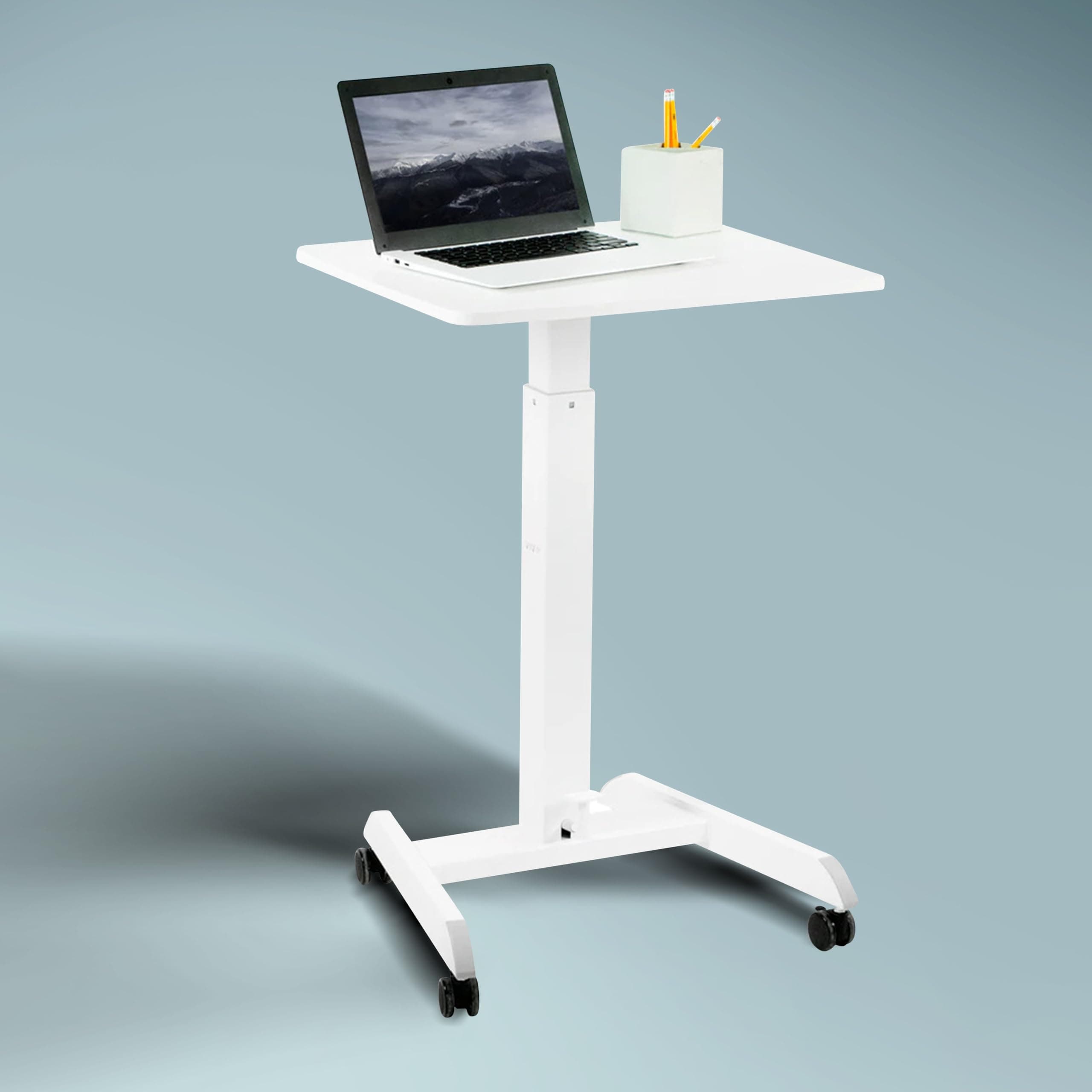 JIN OFFICE Ergonomic Height Adjustable Laptop Desk| 1 Year Warranty| Sit Stand Table with Lockable Wheels| Standing Desk for Home Office| Thick Column and Wide Steel Base| Spacious MDF top| White