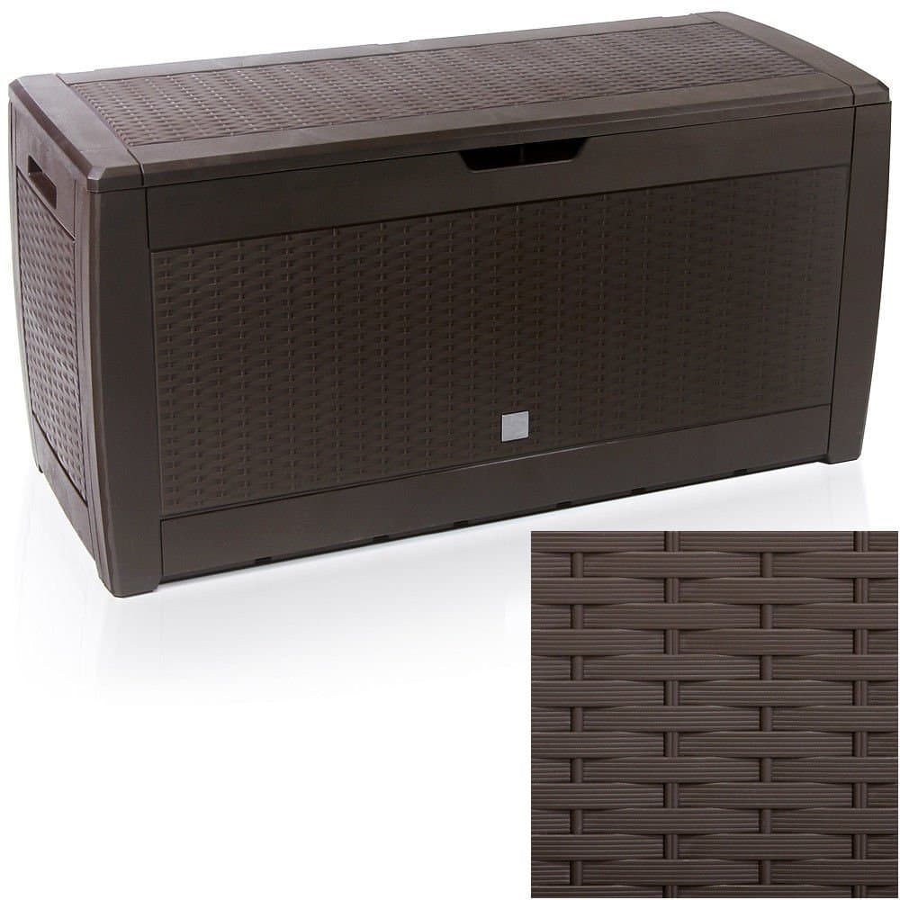 EAZYGOODS Extra Large Capacity Plastic Garden Storage Box Chest Container, Weatherproof with Durable & Lockable Sit On Lid 310 L (Rattan Design, Brown (rattan))
