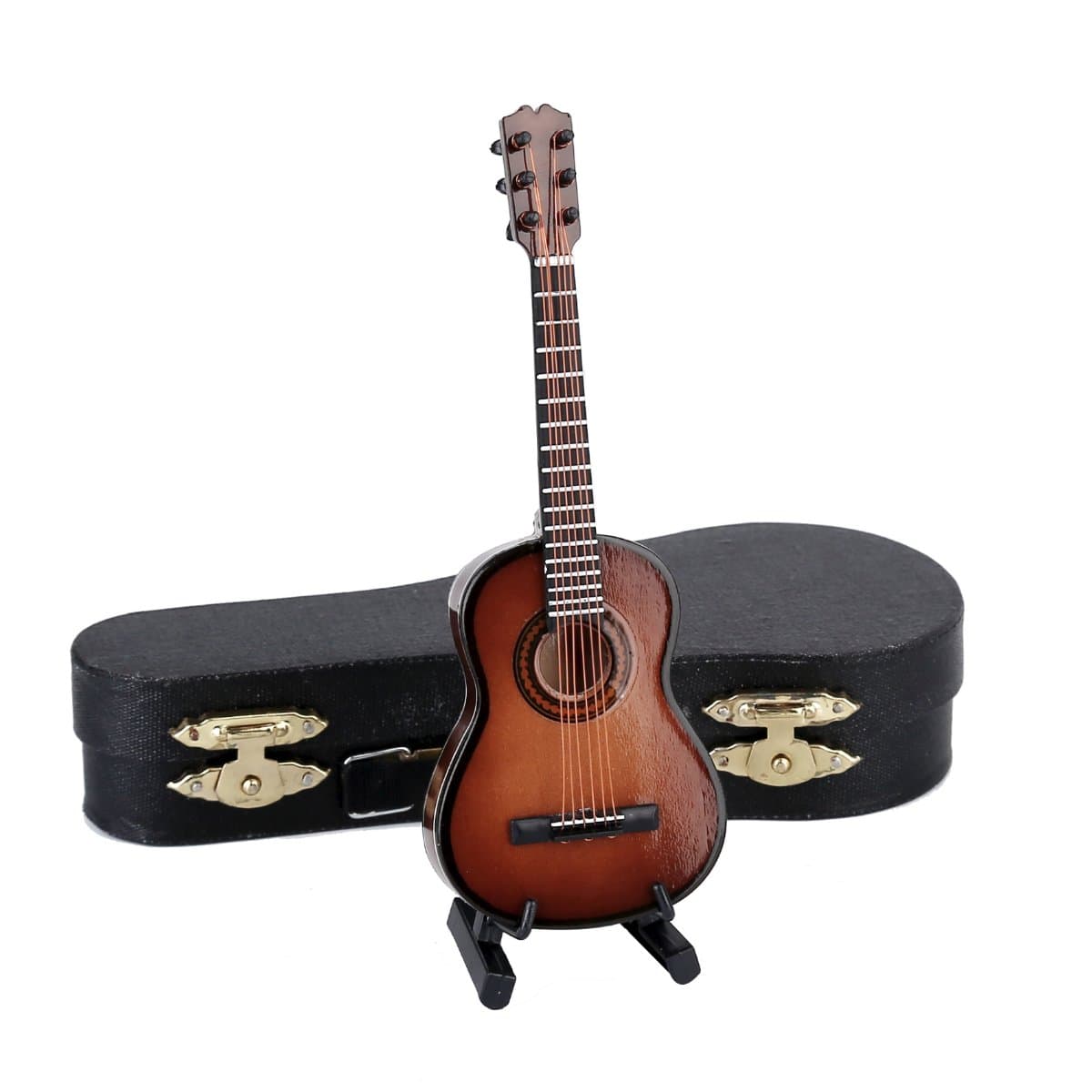 Dselvgvu Wooden Miniature Guitar with Stand and Case Mini Musical Instrument Replica Collectible Miniature Dollhouse Model Home Decoration (Classic Guitar:Brown, 5.12"x1.86"x0.68")