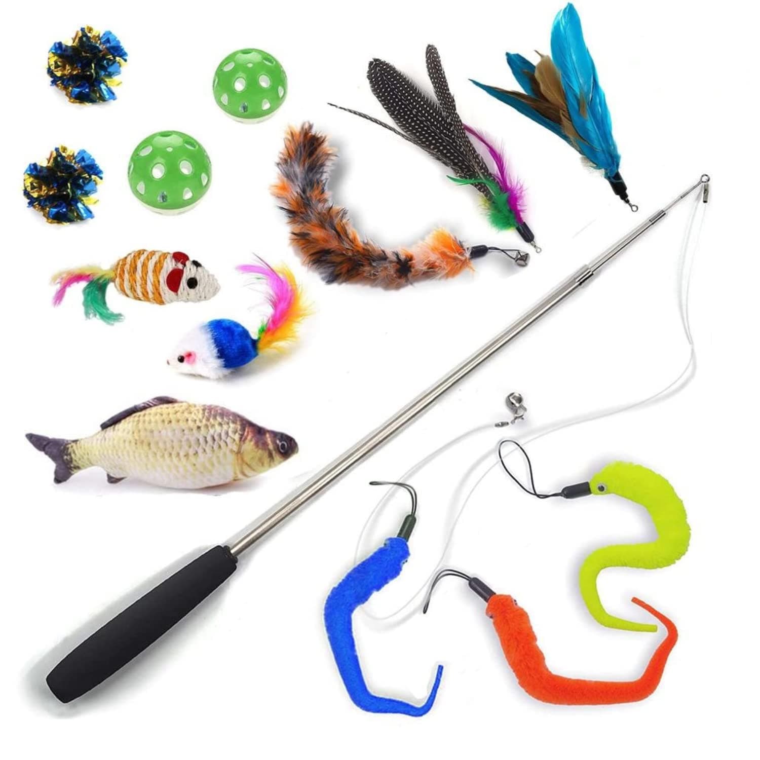 STOREAL 14Pcs Cat Toys for Indoor Cats, Cat Feather Toys, Cat Teaser Wand with 6 Refills, Interactive Cat Toys, Retractable Cat Wand Toy, Catnip Fish and Cat Mouse Kitten Toys to Play Chase Exercise