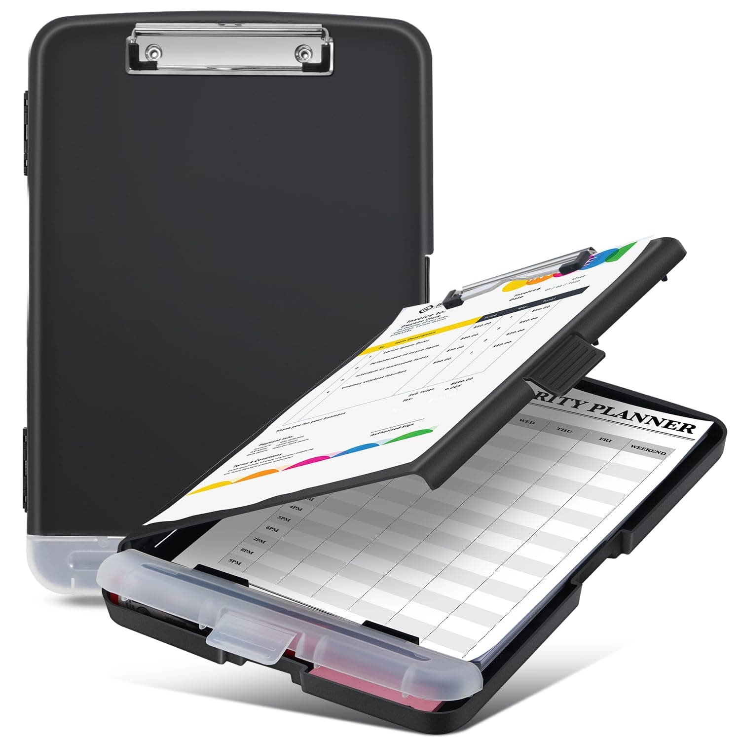 Plastic clipboard with pen holder and storage