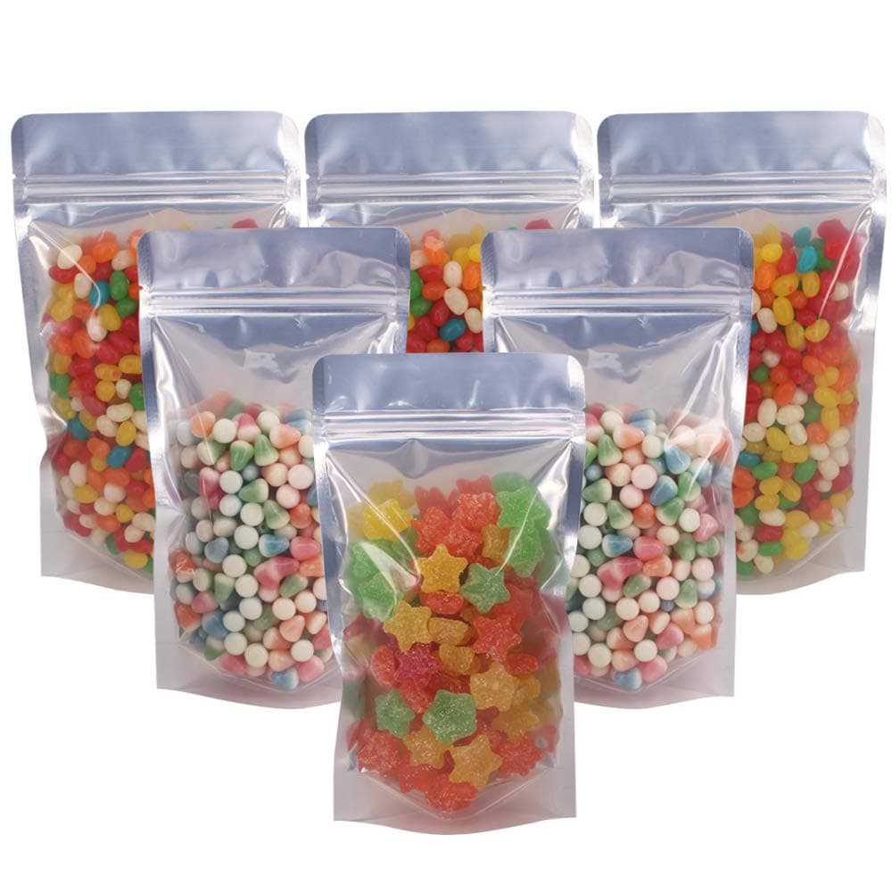 100 Pack 5.5 x 10 Inch Stand Up Pouch Bags Zipper Mylar Bags Clear Front with Aluminum Foil Back Reusable Food Storage Bag for Multipurpose with Gusset Bottom(5.5mil Thickness)