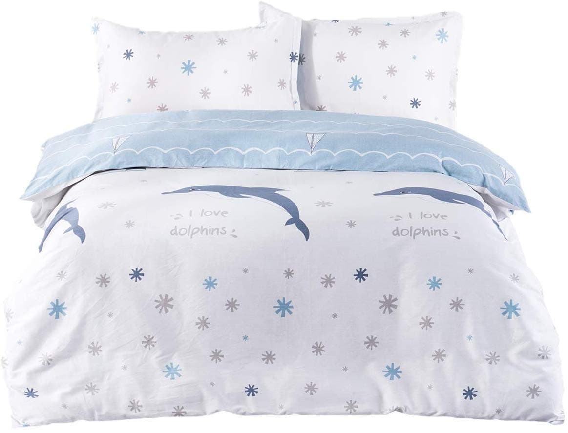 Senmiya Dolphin Bedding Set Cotton Duvet Cover Yellow Lightweight Dolphin Comforter Set with 2 Pillow Covers, Cute Birthday Gifts Bunk Bed Chic Decoration for Girl with Sailboat Patterns