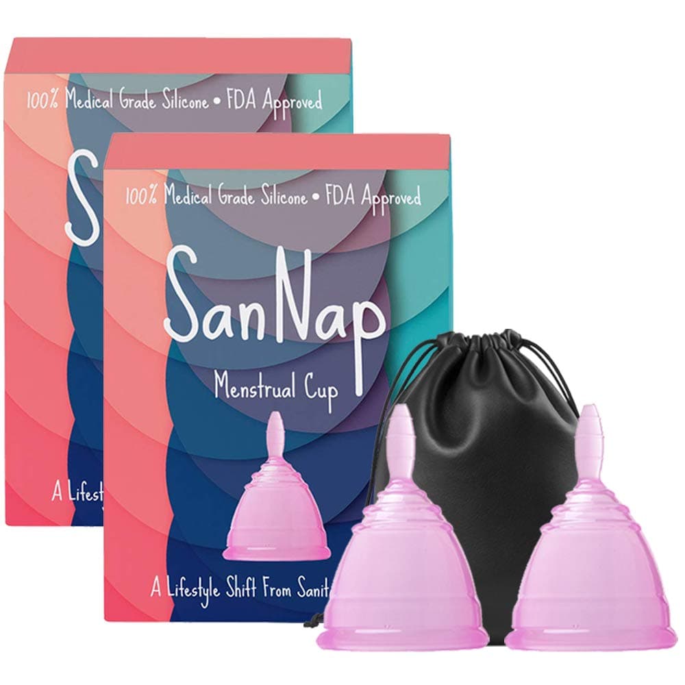 SanNap FDA Approved Reusable Menstrual Cup with Medical Grade Silicone - Medium (Pink) Pack of 2