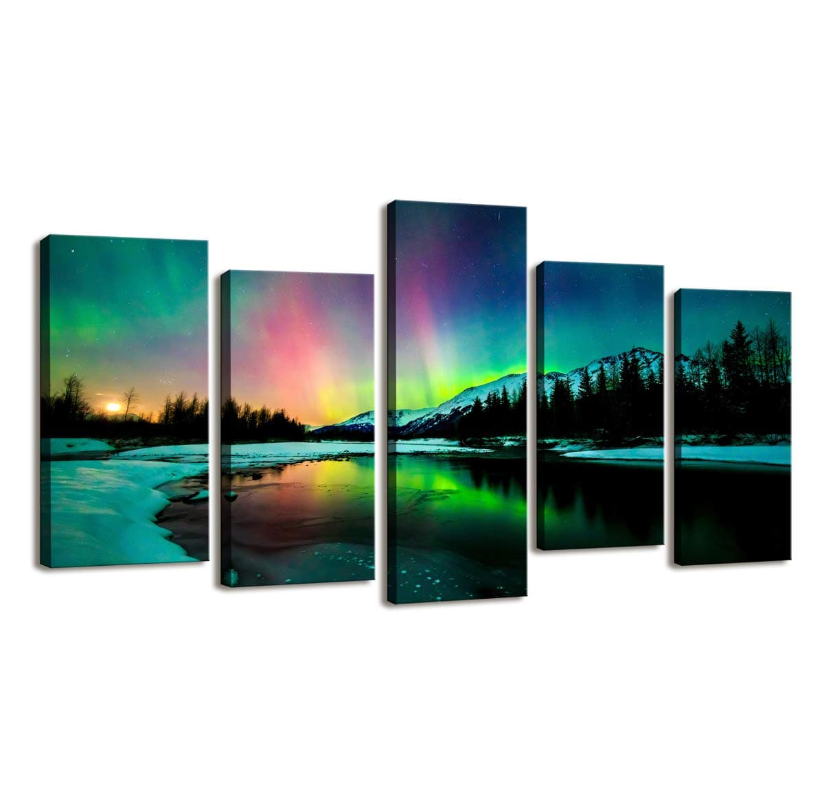 S01927 5 Pieces Wall Art Aurora scenery Painting on Canvas Stretched and Framed Canvas Paintings Ready to Hang for Home Decorations Wall Decor