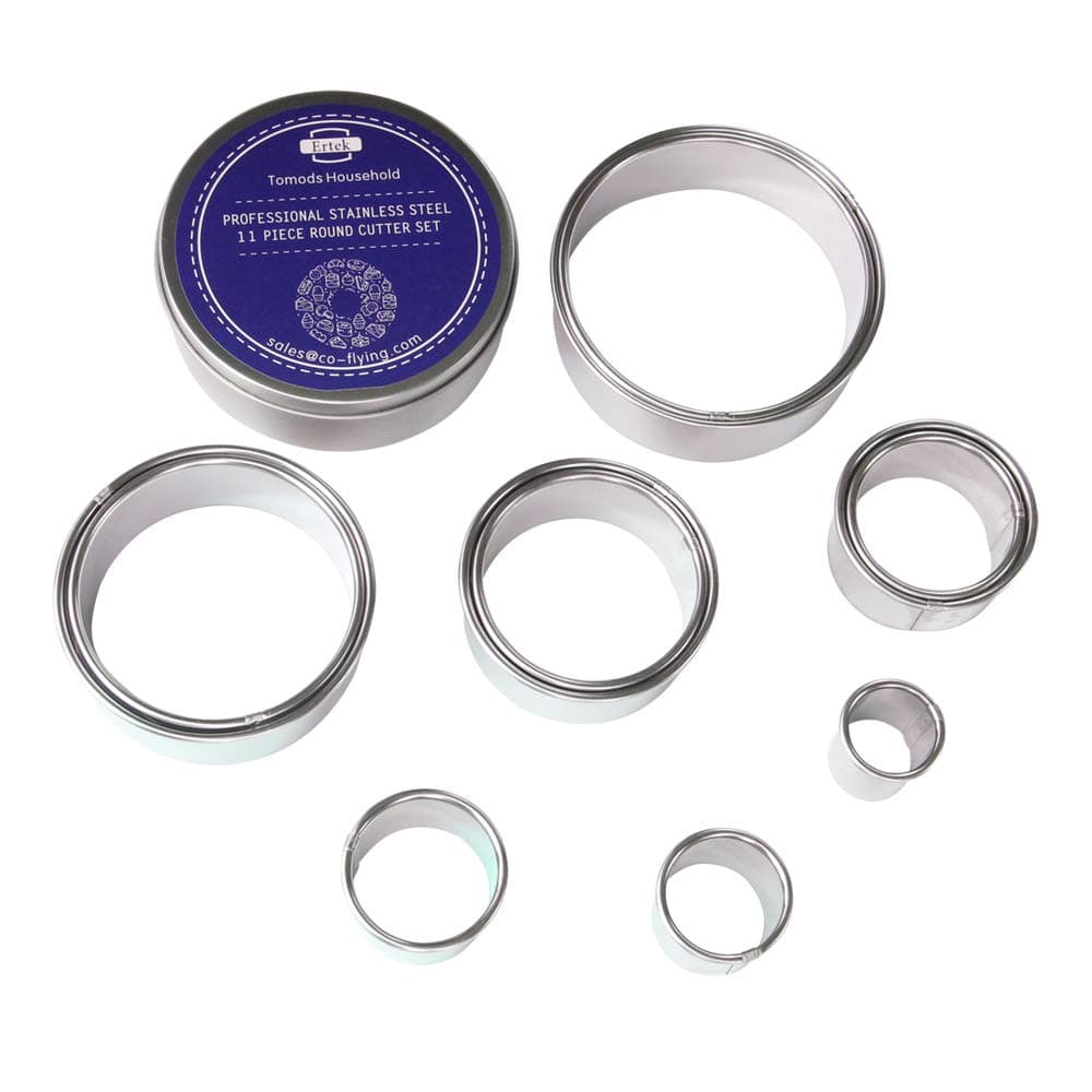 Ertek 11Pcs Round Cutter Set Circle Biscuit Cookie Cutters Plain Edge with Storage Tin Stainless Steel Pastry Cutters Baking Molds Fondant Fruits Cutting
