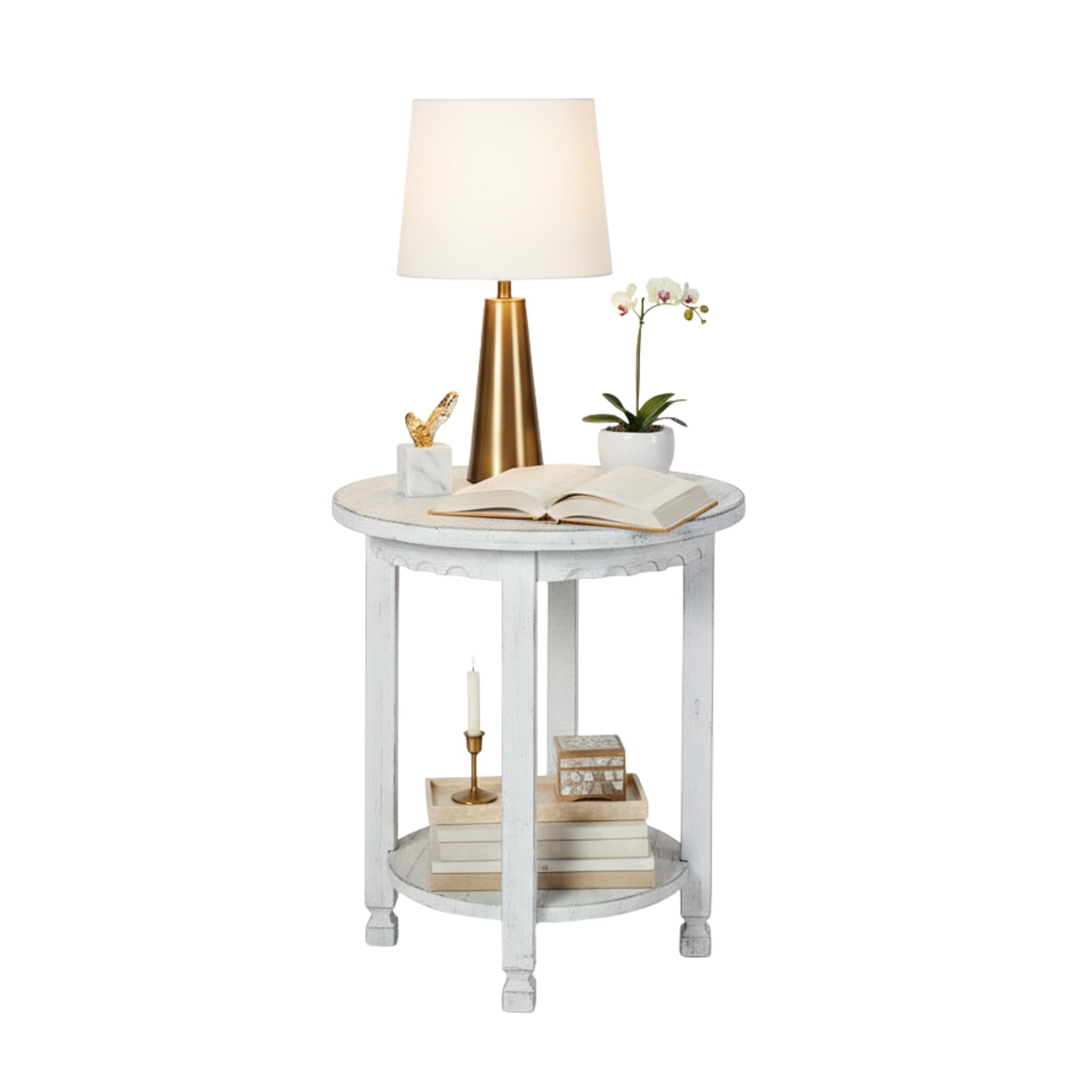 Alaterre Furniture Country Cottage Round End Table – 20” Rustic Farmhouse Side Table with Lower Shelf, Carved Edges & Square Turned Legs – Accent Table for Living Room or Bedroom (Antique White)