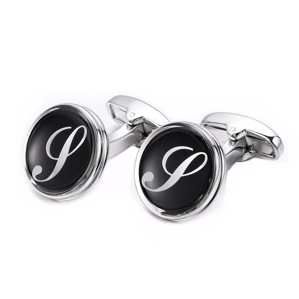 MERIT OCEANInitial Cuff Links Mens Silver Round Letter Alphabet Rhodium Plated Cufflinks for Men Suit Shirt Wedding Business A-Z