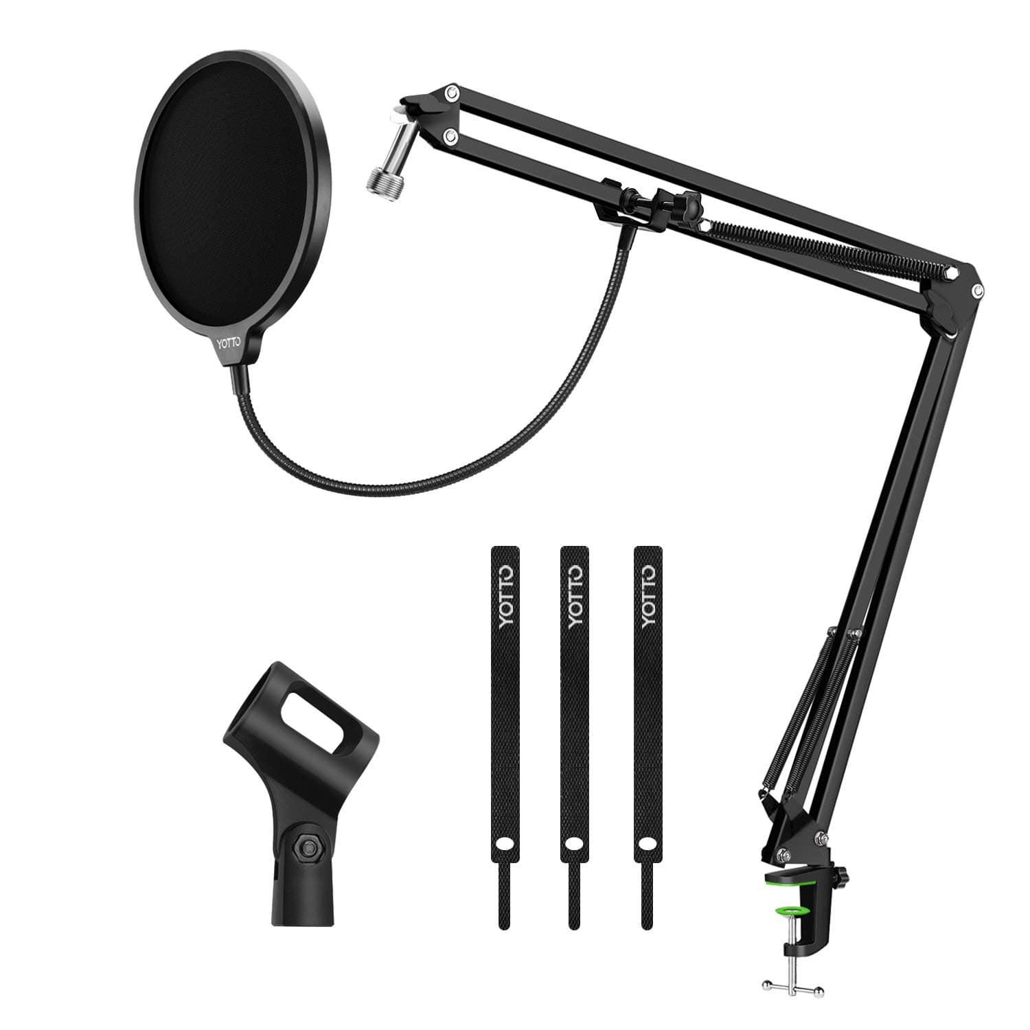 YOTTO Microphone Stand Adjustable Studio Mic Stand Suspension Boom Scissor Arm with Pop Filter Windscreen, 3* Cable Ties, for Blue Yeti, Snowball & Other Microphones Radio Broadcasting, Recording