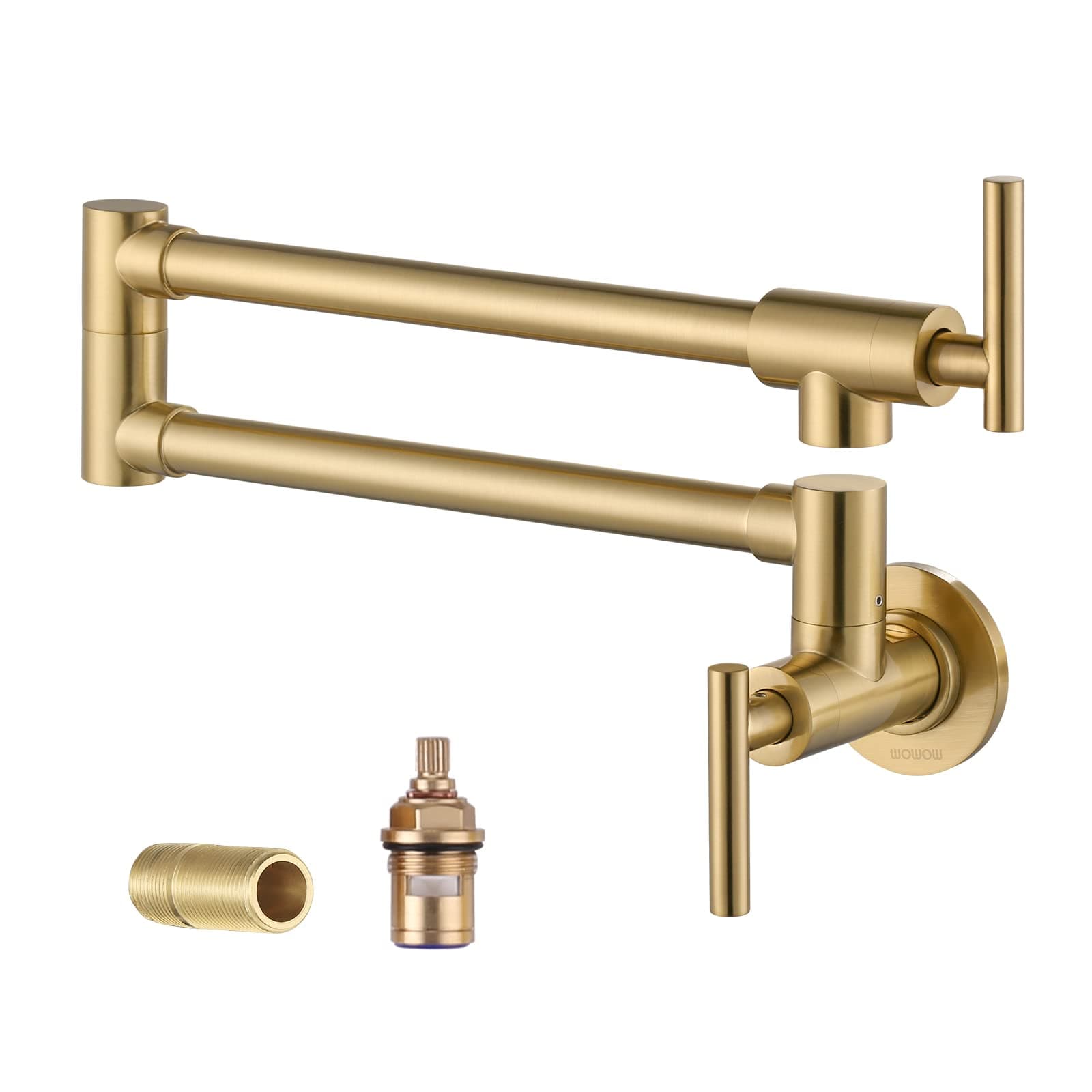 WOWOW Pot Filler Faucet Brushed Gold, Solid Brass Pot Filler Wall Mount Kitchen Stove Faucet with Double Joint Swing Arms