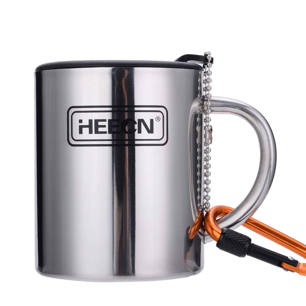 Camping Mugs - Double Walled Stainless Steel Mug for Hot Drinks with Lid and Carabiner - Backpacking - Trekking - Hiking - HESS038BBK300