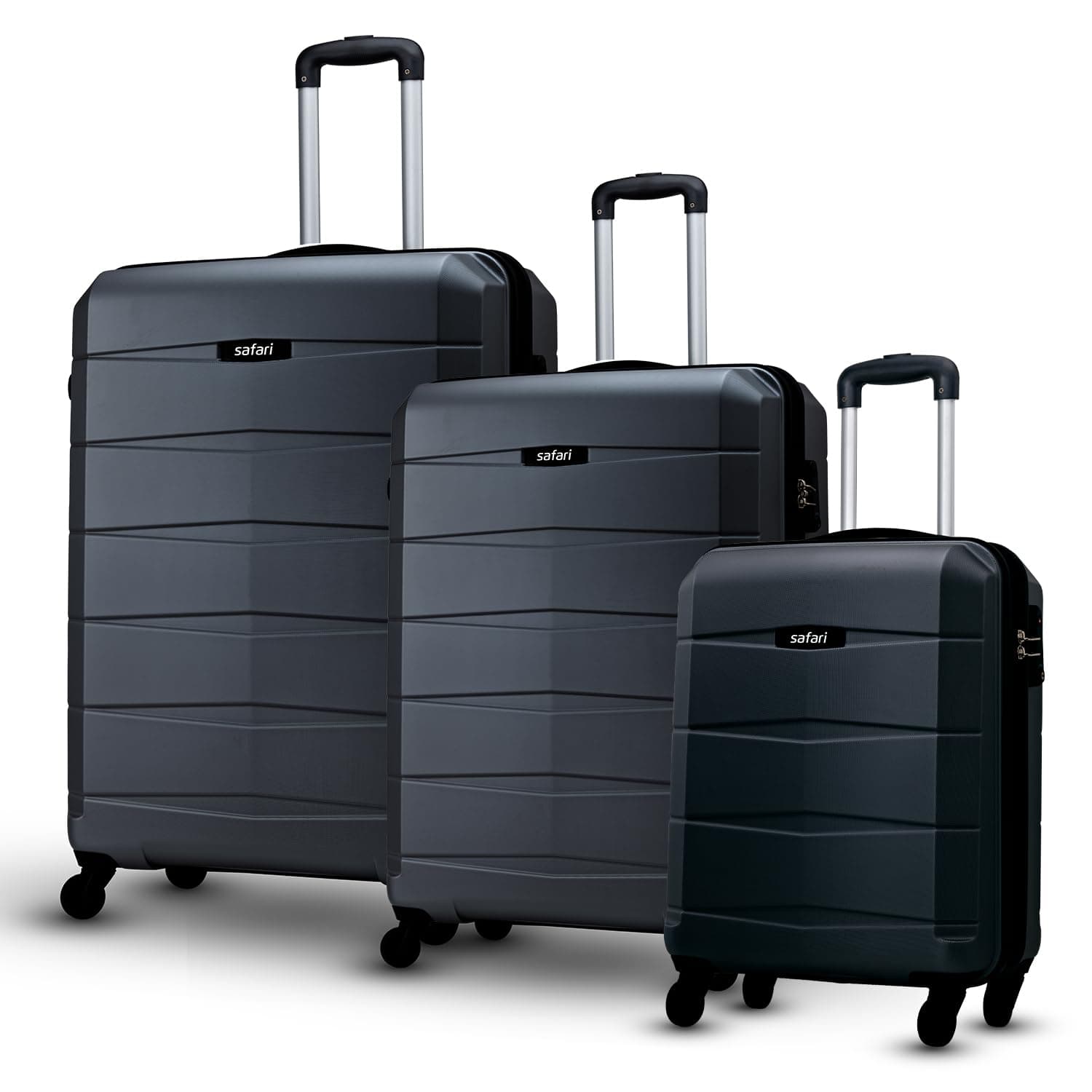 Safari Regloss Anti Scratch Set of 3, 55, 65 and 77 Cms Small, Medium and Large Trolley Bags Hard Case Polycarbonate 4 Wheels 360 Degree Wheeling System Luggage, Suitcase for Travel, Black