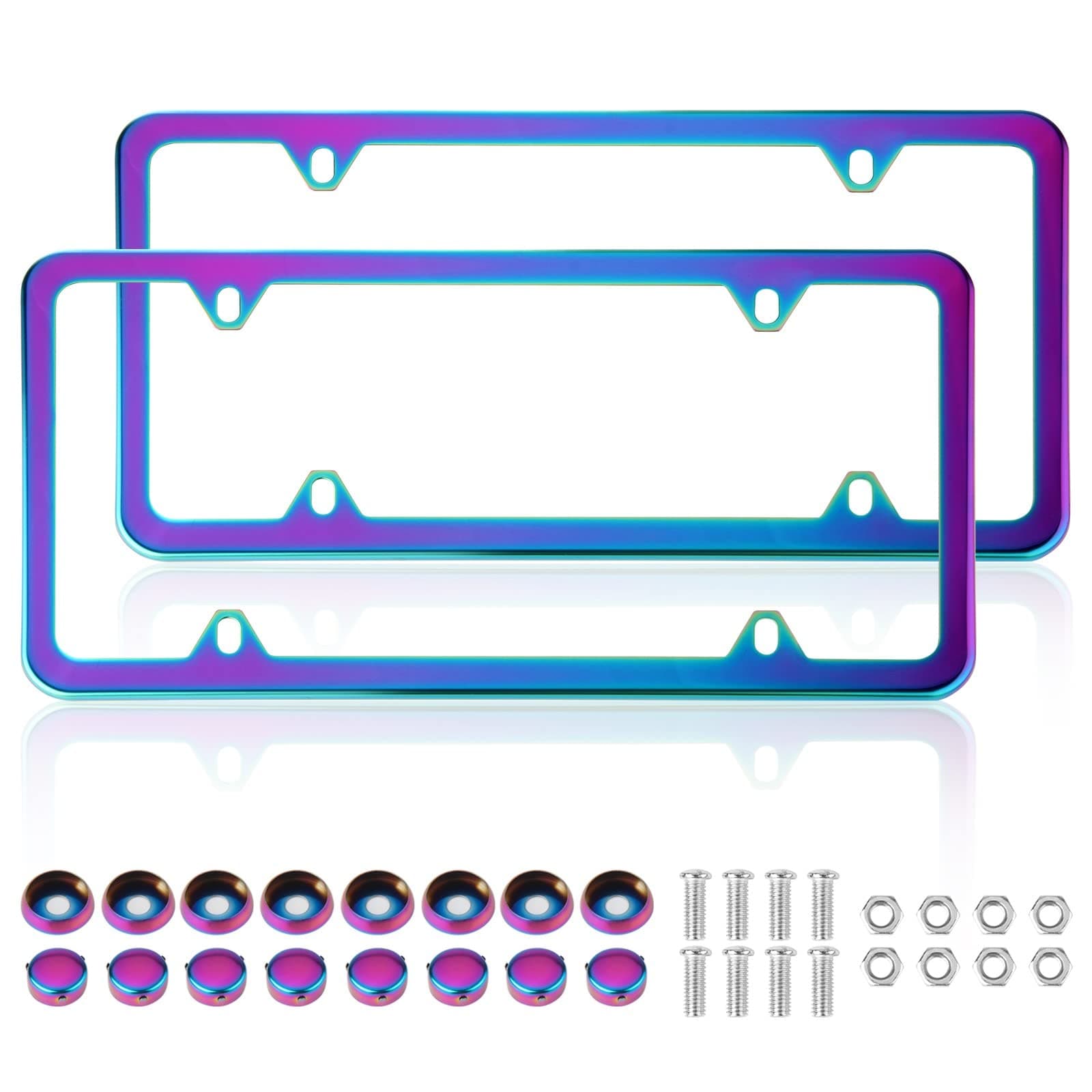 Iridescent License Plate Frame, 2 Pack Stainless Steel Mirror Polish Treatment, Universal US Car License Plate Bracket Holder, 4 Holes Theft Design, Rustproof Weatherproof(with mounting Fittings).