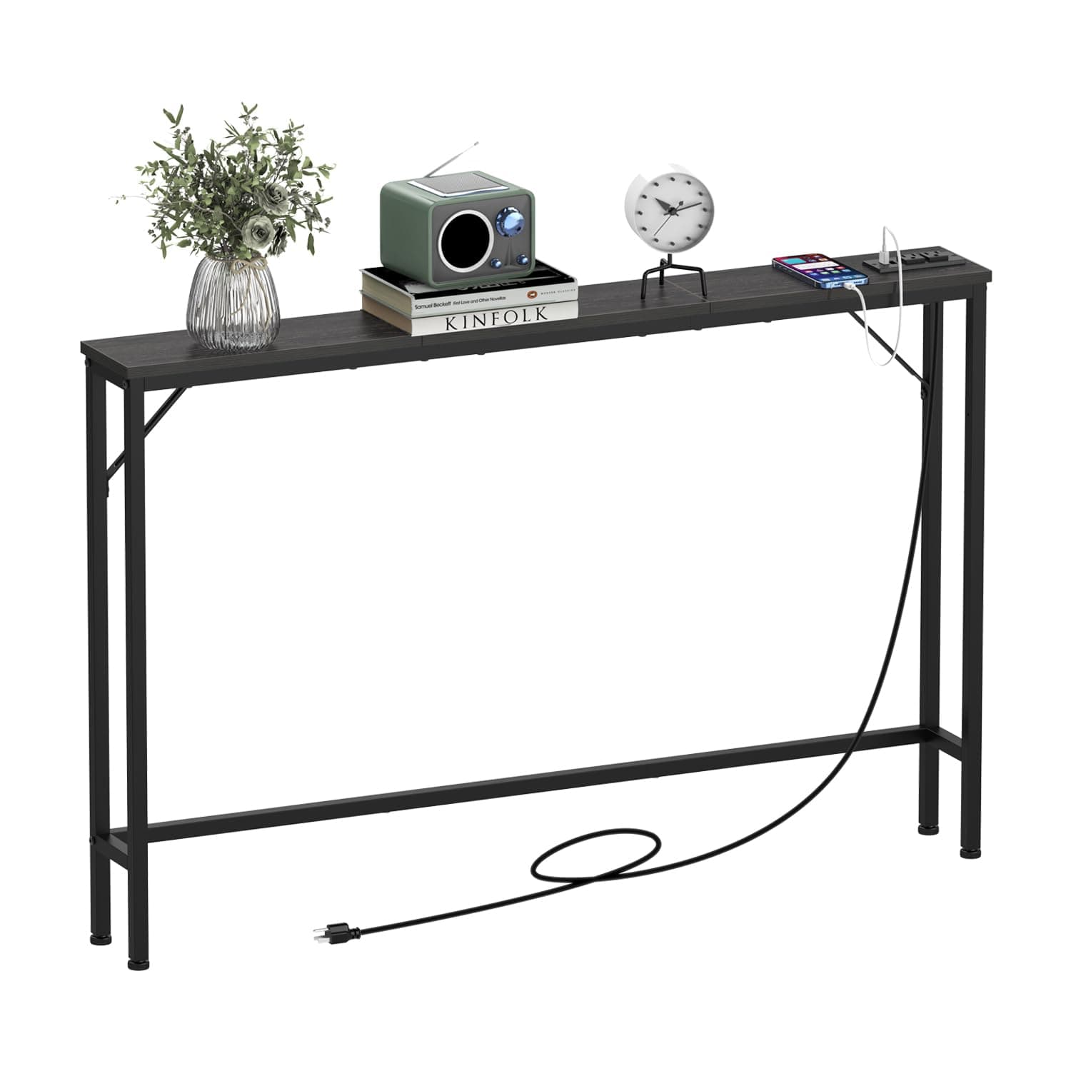 Tohomeor 5.9" Skinny Behind Sofa Console Table with Charging Station Charcoal Black 47.2" Narrow Long Behind Couch Table with Power Outlets USB Ports Thin Entry Table for Entryway Living Room Hallway