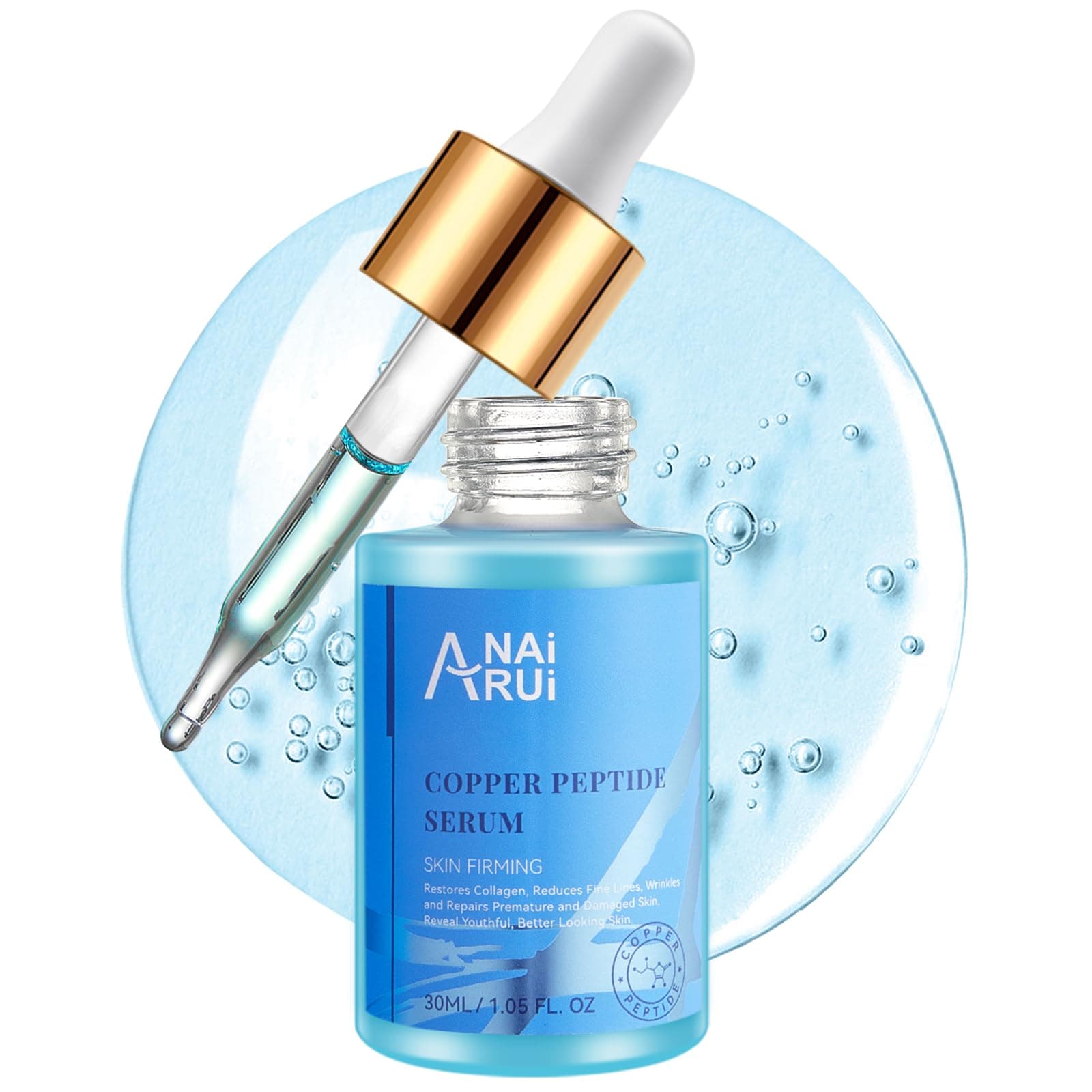 ANAI RUI Copper Peptides Serum for Face -Ghk-Cu Peptide Serum + Hyaluronic Acid - Reduces Fine Lines & Wrinkles, Plumping and Radiant Skin, 1.fl.Oz