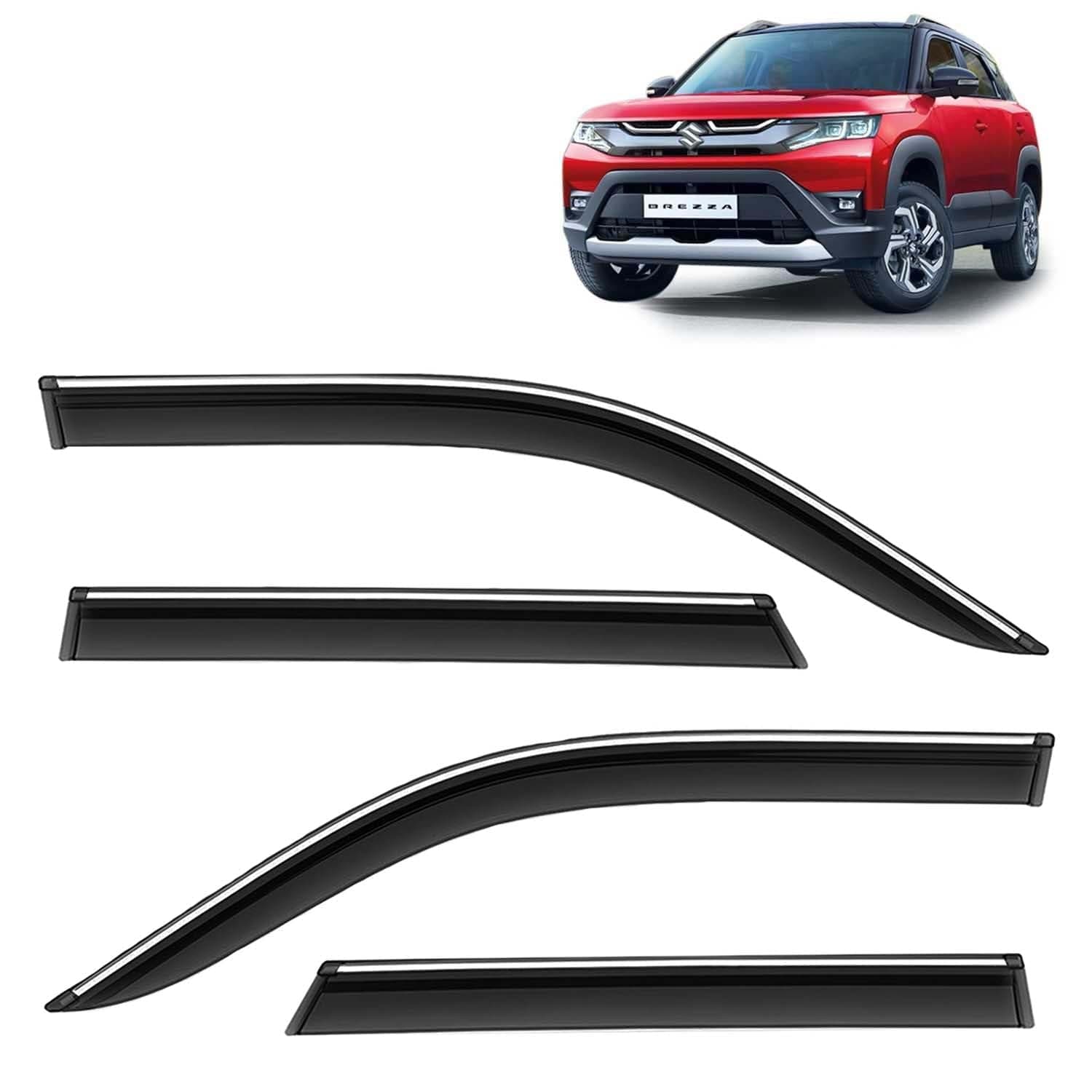 KINGSWAY Accessories Chrome Lining Door Visor Only Compatible with Maruti Suzuki Brezza Year 2022 Onwards All Model, Premium Unbreakable Car Rain Guard Side Rear Wind Deflectors, Set of 4 Pcs