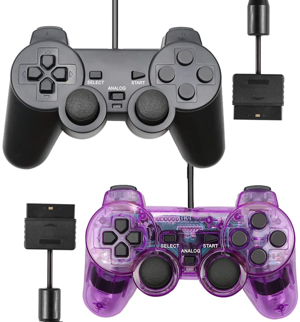 Wired Controllers Replacement for PS2 Remote Gamepad Joystick Double Shock with Charging Cable(Pack of 2,Black and ClearPurple)