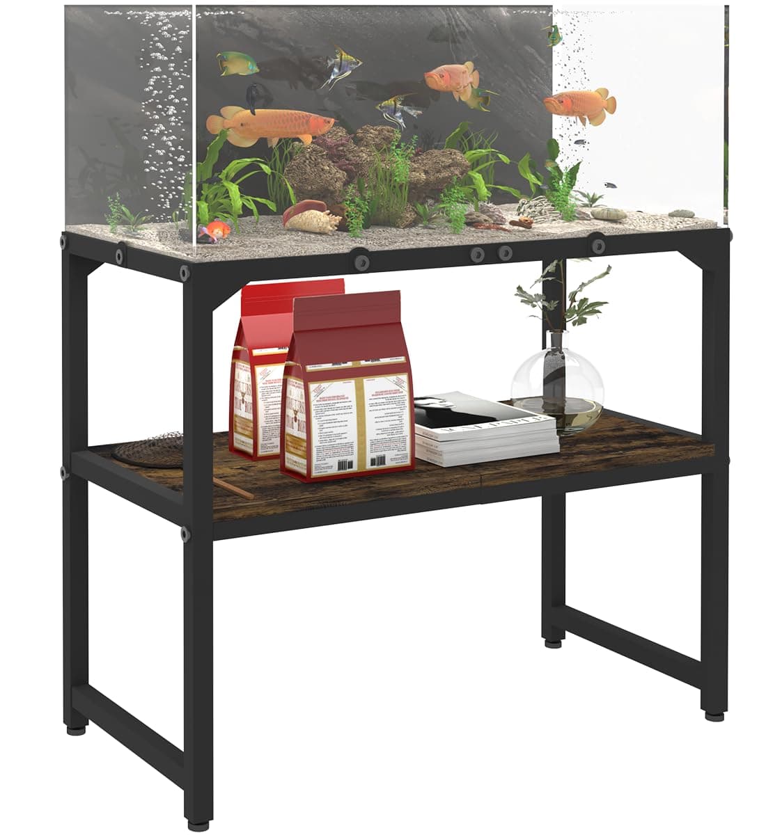 20 Gallon High Rimless Fish Tank Stand with Shelf for Storage, 2 Tiers Metal Aquarium Stand, Breeder Tank Turtle Reptile Terrariums Stand Rack for Home Office, 24" L x 12" W x 20.5" H, Black
