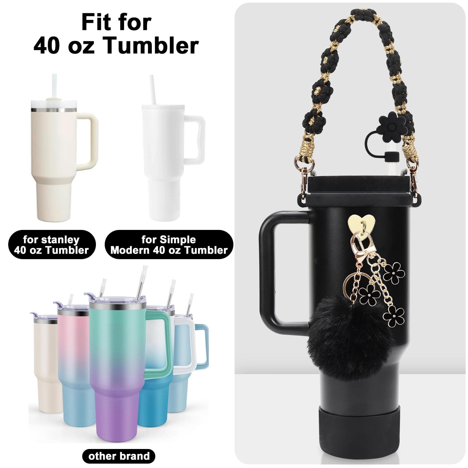 Stanley Cup Accessories Set Including Water Bottle Handle Strap, Siliocne Stanley Cup Boot, Siliocne Straw Cover, Stanley Charms for Stanley Cup 40oz & 30oz Tumbler