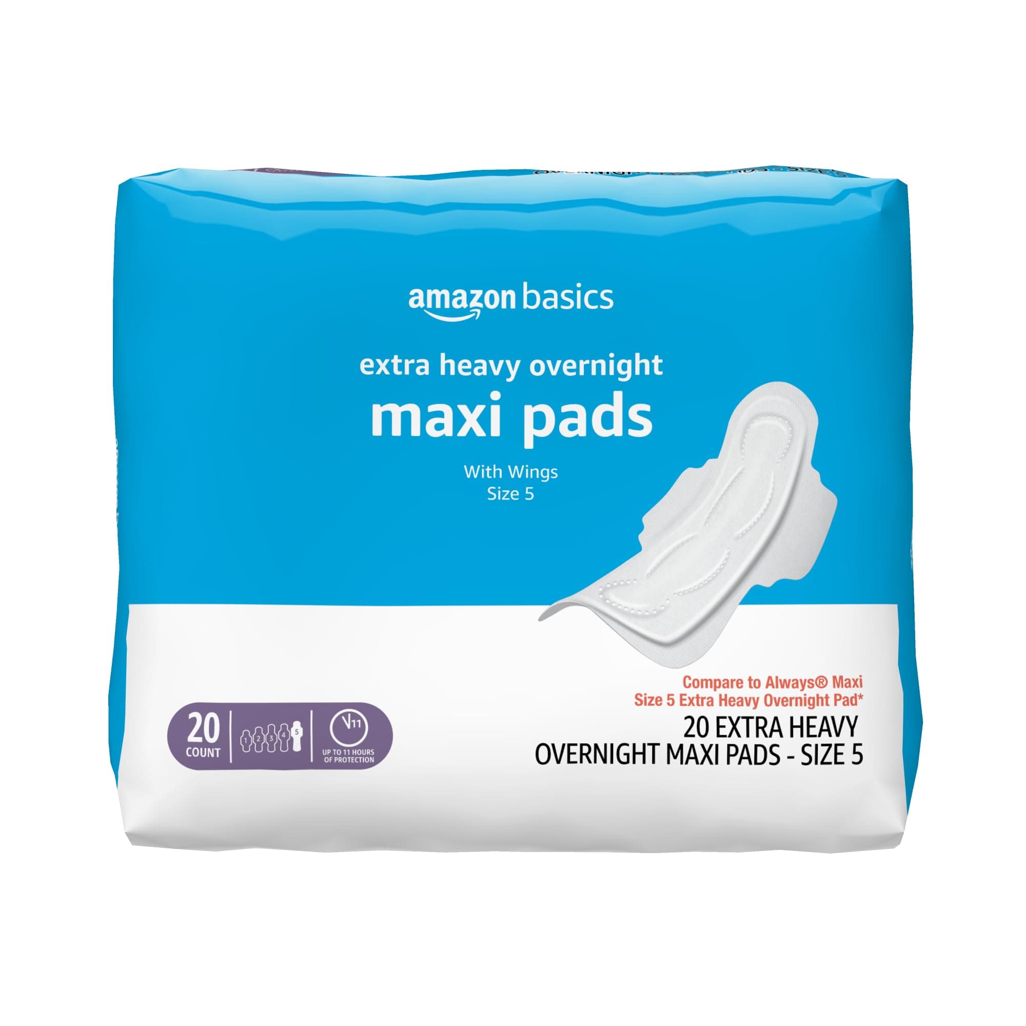 Thick Maxi Pads with Wings for Periods, Extra Heavy Overnight Absorbency, Absorbent Core, Stay in Place Protection, Unscented, Size 5, 20 Count (Previously Solimo)