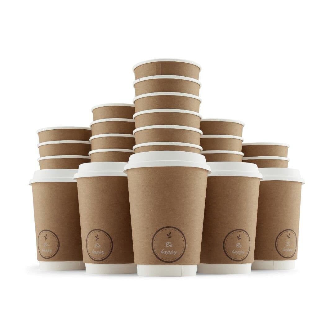 Disposable Paper Coffee Cups with Lids (12oz, 350ml, Pack of 50) Hot/Cold, Tea & Chocolate Drinks | Double-Wall Insulated | Heavy-Duty, Leak Resistant Drinkware | Office/Party Pack - to go Coffee Cups