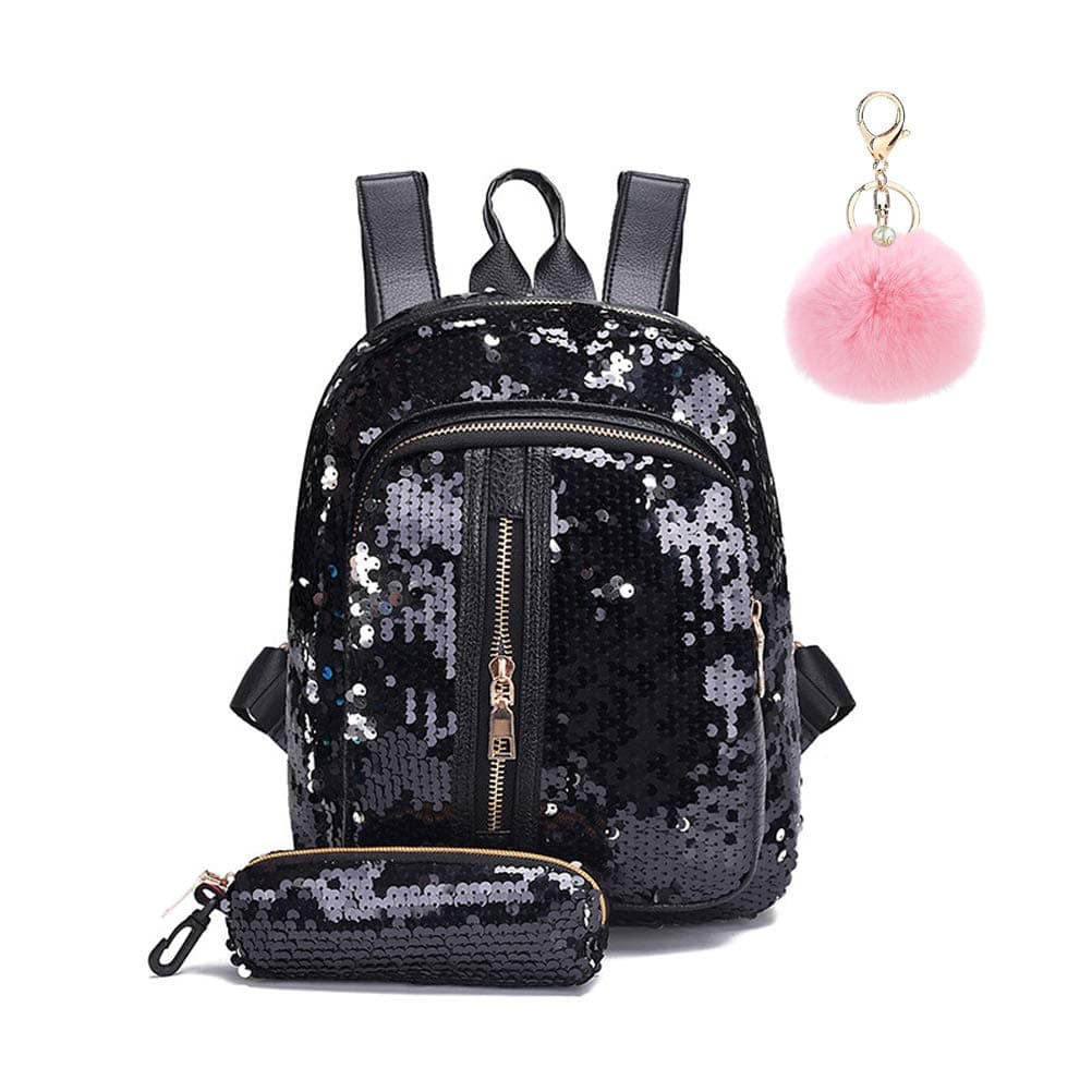 Girl Sequin Glitter Bling School Backpack Set with Pompom Keyring(Black)