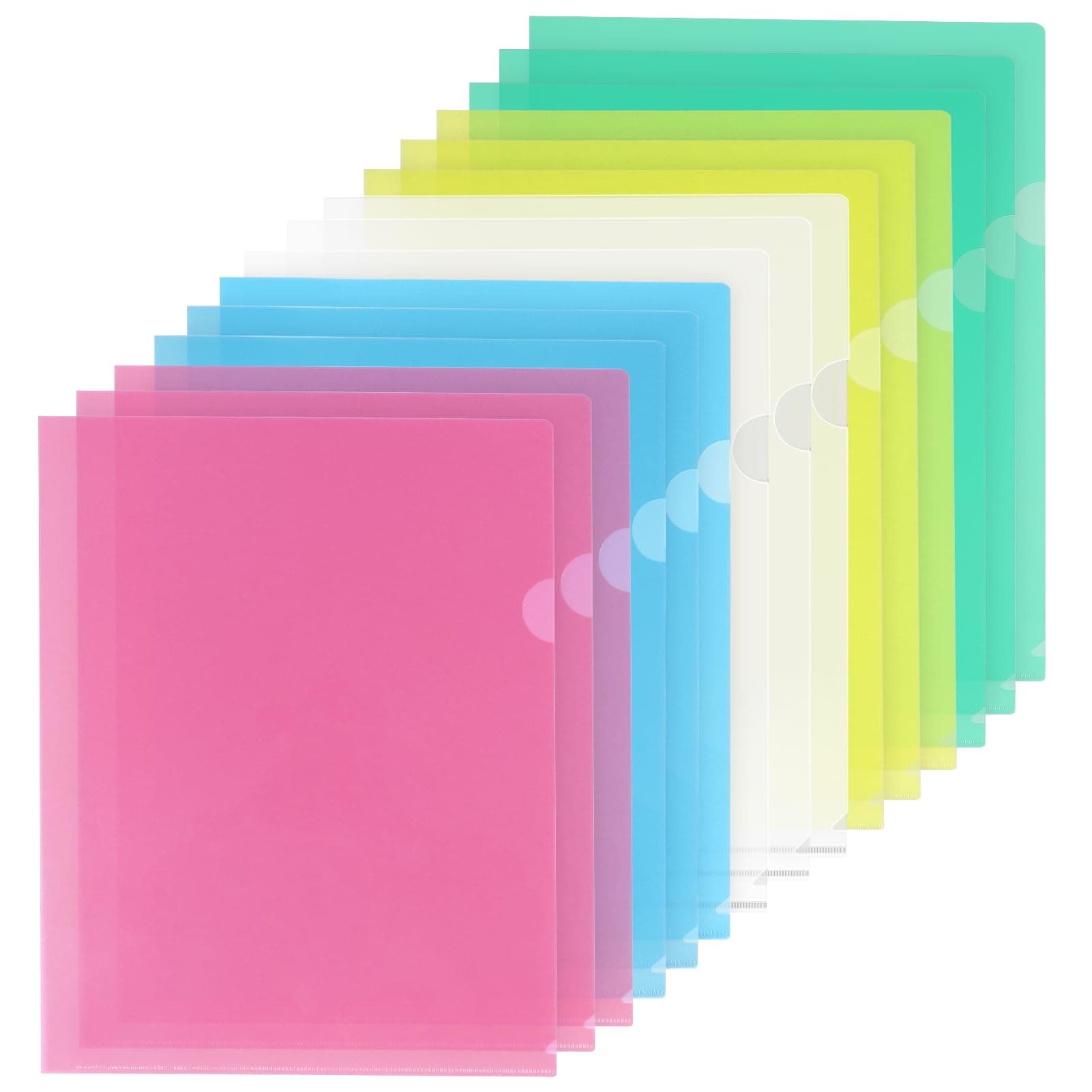 15 Pack Clear Plastic Folders Sleeves Project Pockets for Letter Size 8.5x11 Paper Document, L-Shaped Transparent File Jacket for School Office, Acid-Free Poly Plastic, 5 Colors